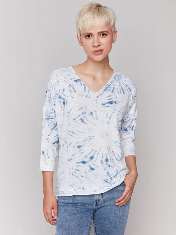 Printed V-Neck Knit Top - Denim sold by Charlie B