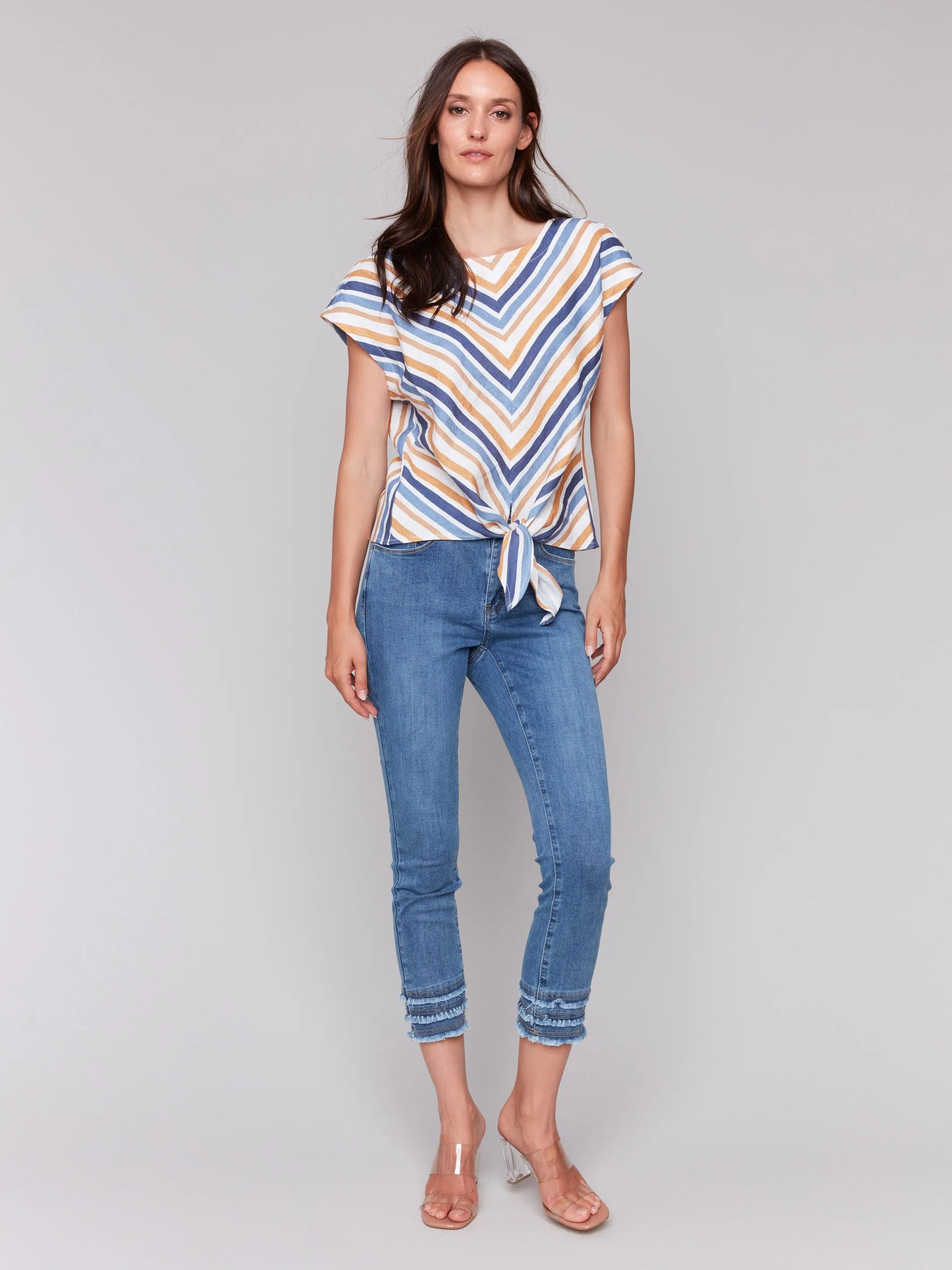 Striped Linen Blend Tie-Front Blouse - Denim sold by Charlie B product image thumbnail 5
