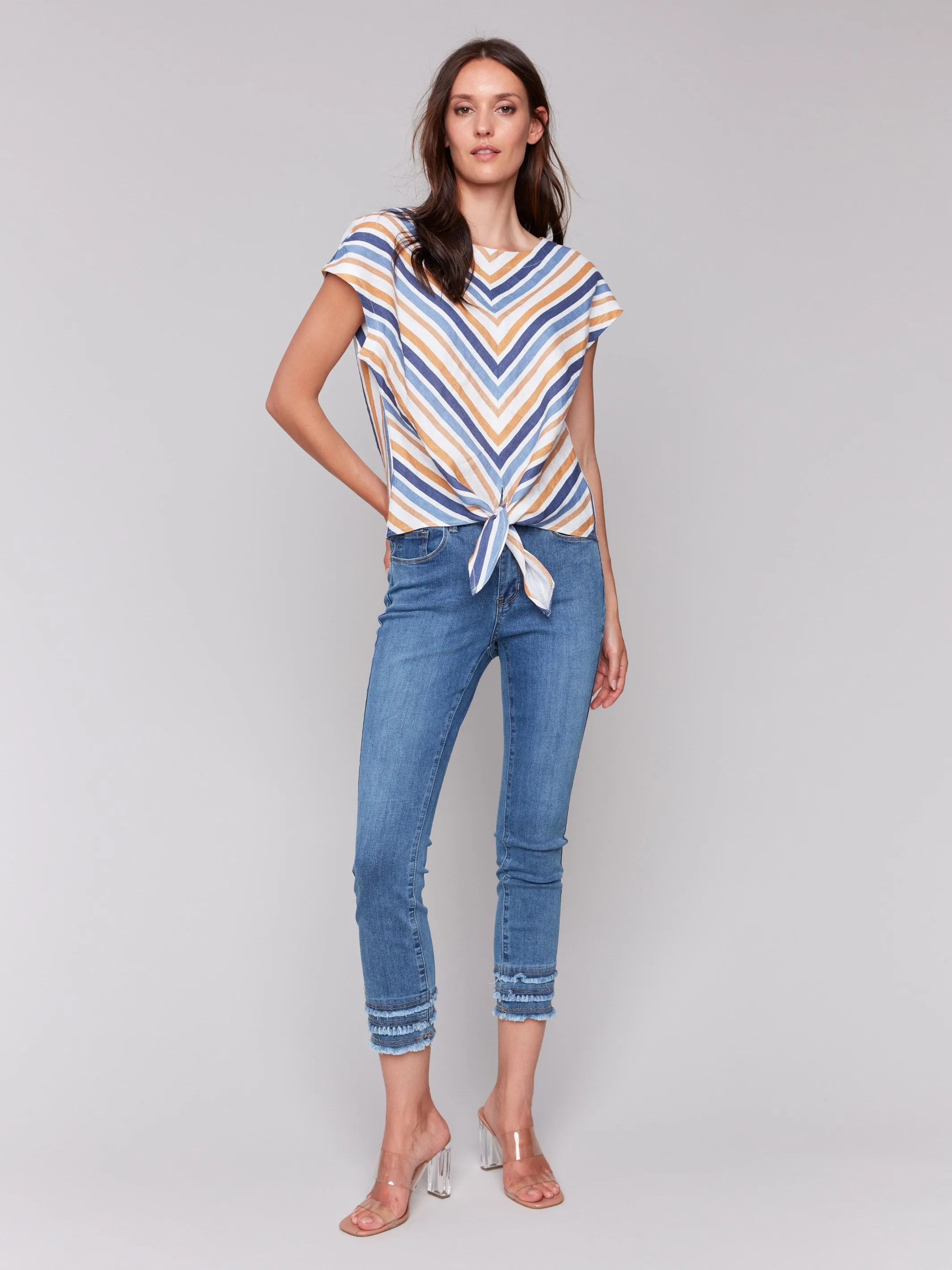 Striped Linen Blend Tie-Front Blouse - Denim sold by Charlie B product image thumbnail 2