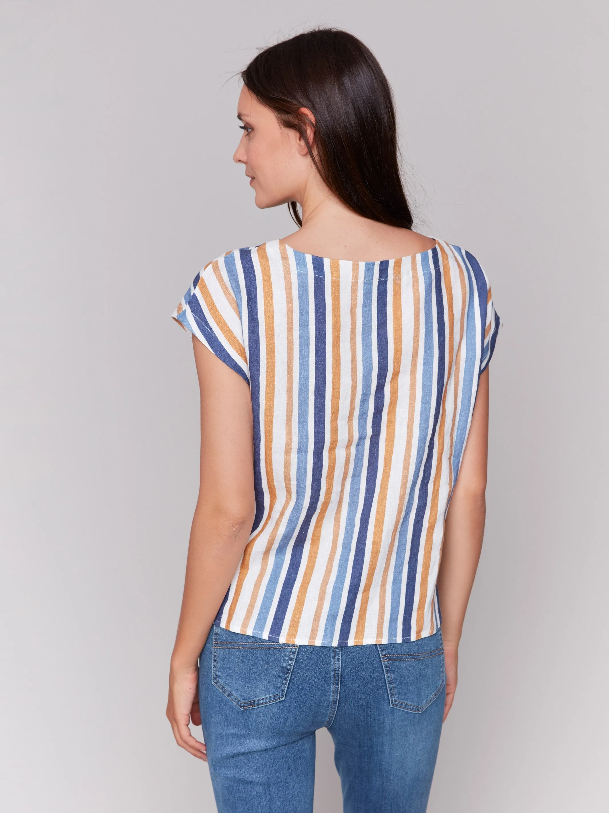 Striped Linen Blend Tie-Front Blouse - Denim sold by Charlie B product image thumbnail 3