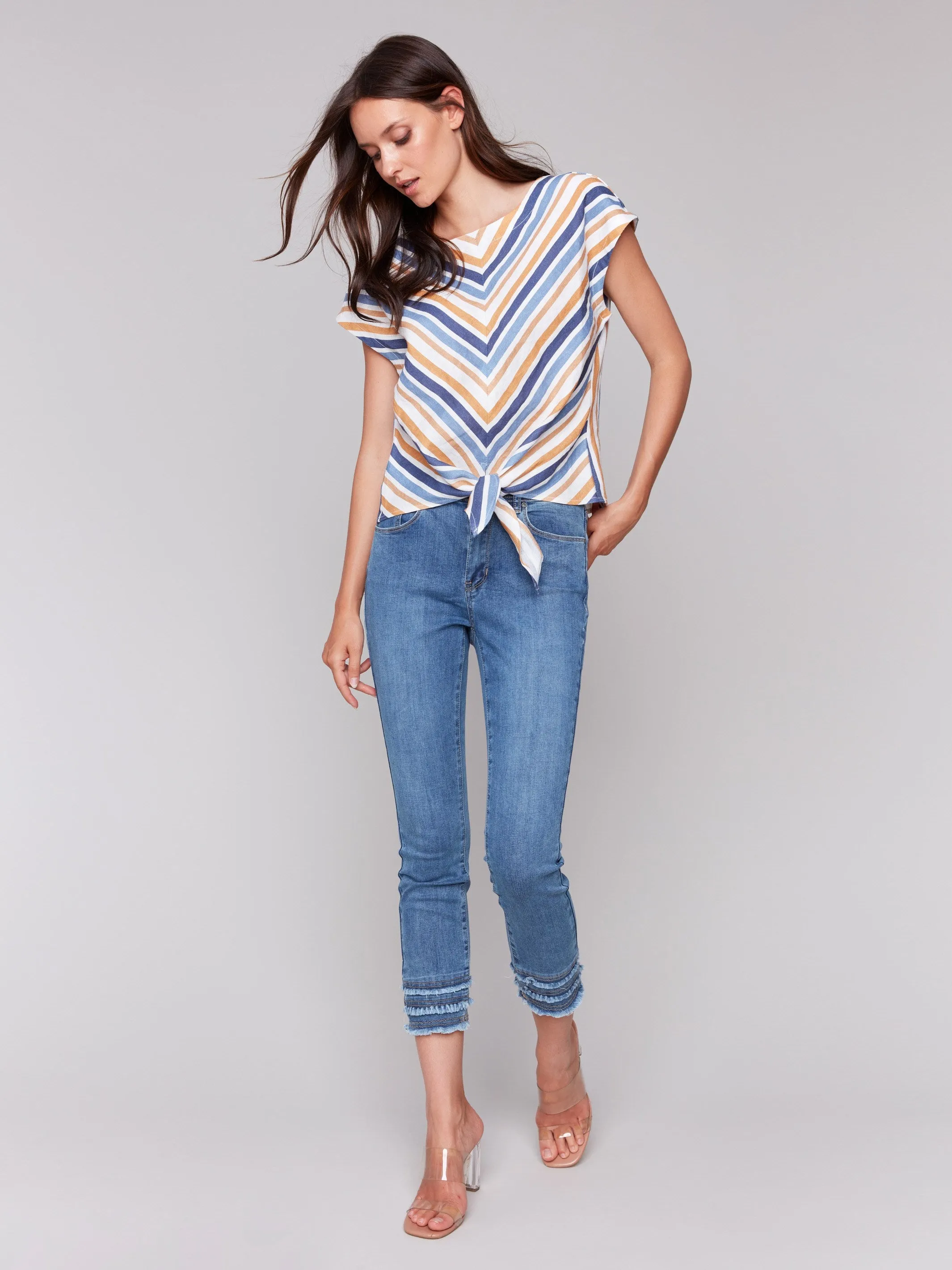 Striped Linen Blend Tie-Front Blouse - Denim sold by Charlie B product image thumbnail 4