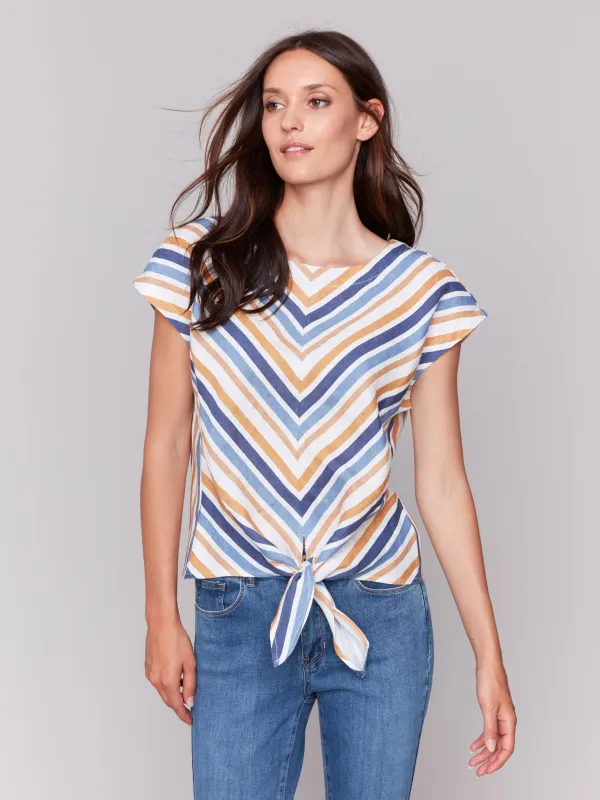 Striped Linen Blend Tie-Front Blouse - Denim sold by Charlie B