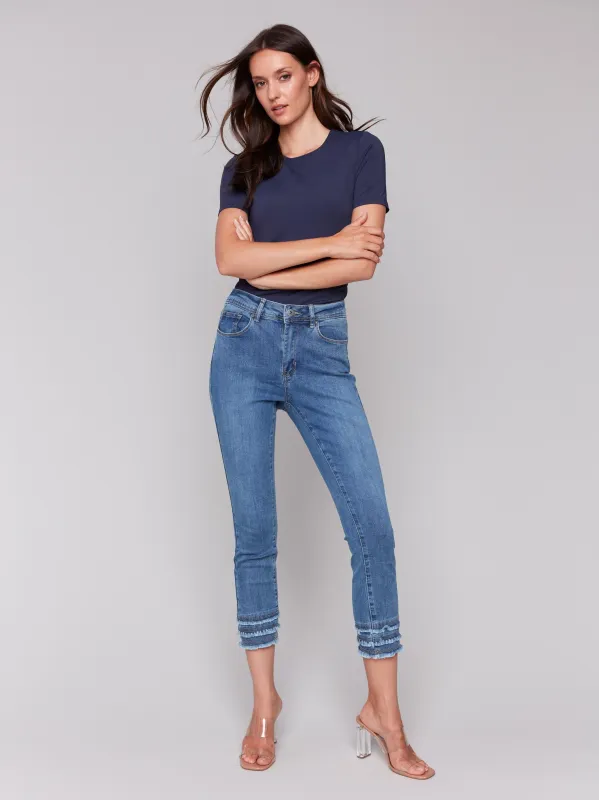 Frayed Hem Cropped Denim Pants - Medium Blue sold by Charlie B