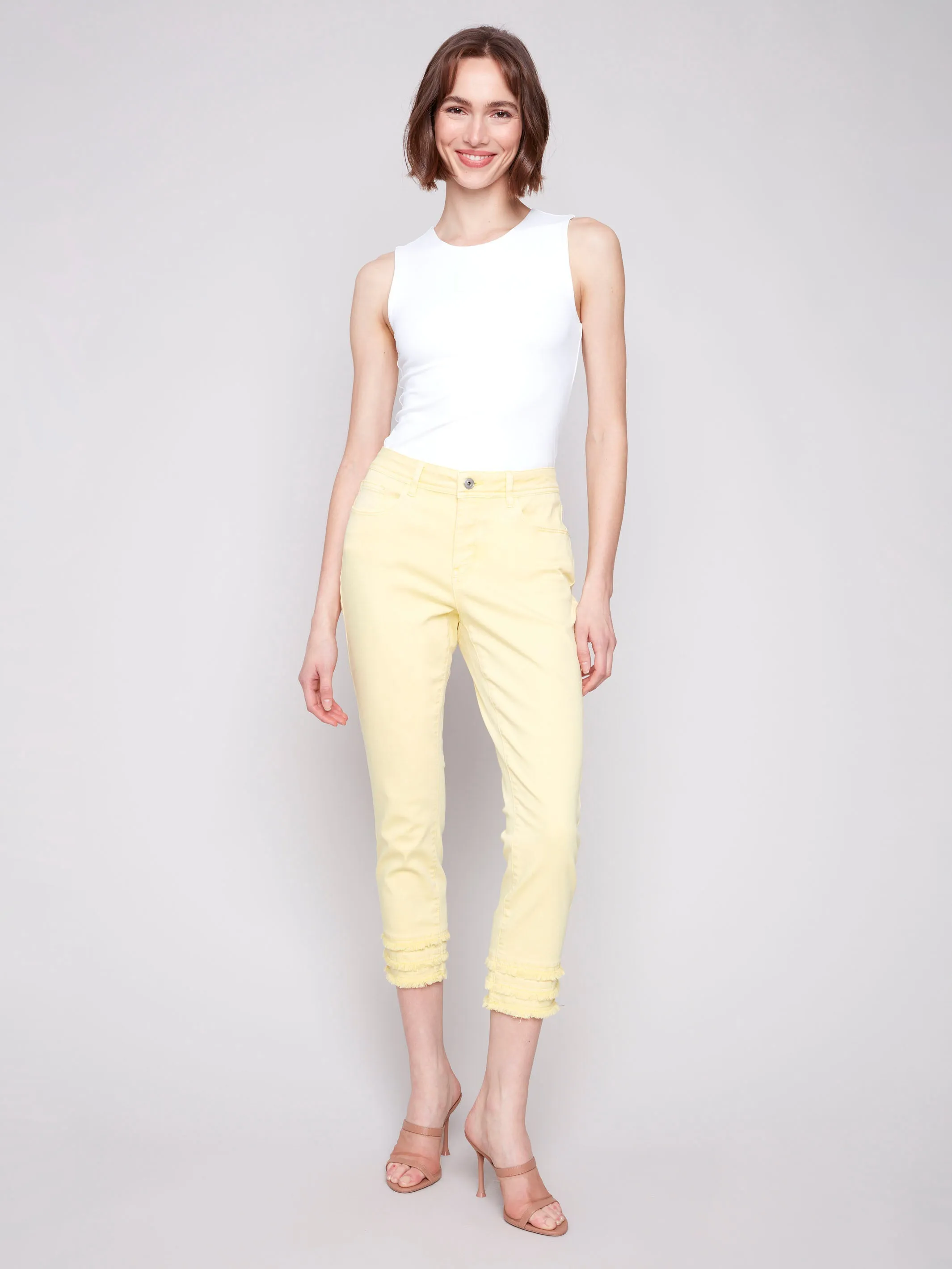 Frayed Hem Cropped Twill Pants - Lemonade sold by Charlie B