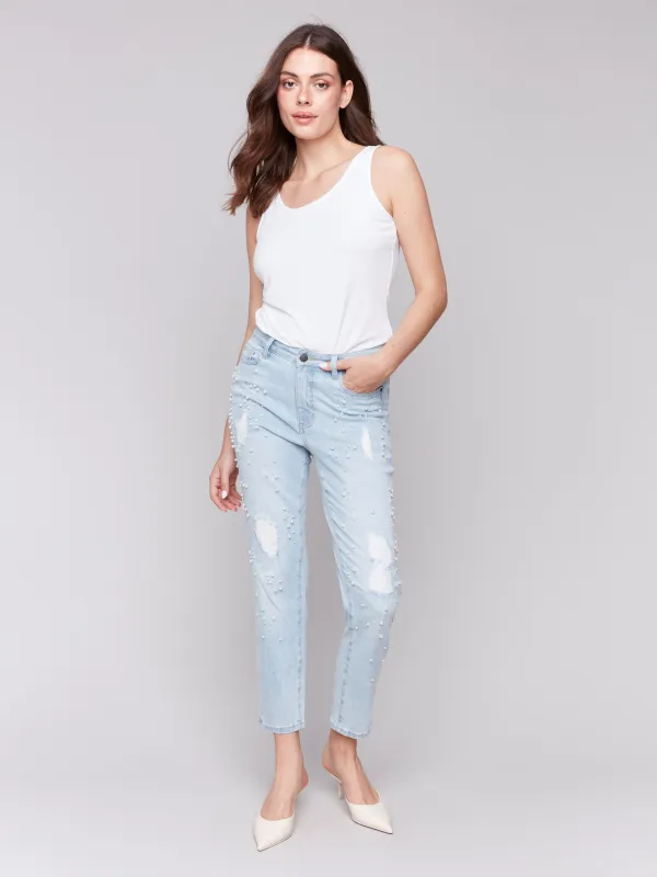 Pearl Appliqué Slim Leg Jeans with Distressed Detail - Light Blue sold by Charlie B
