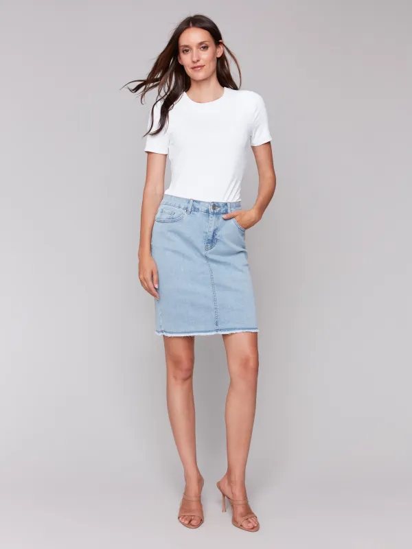 Stretch Denim Skort with Frayed Hem - Bleach Blue sold by Charlie B