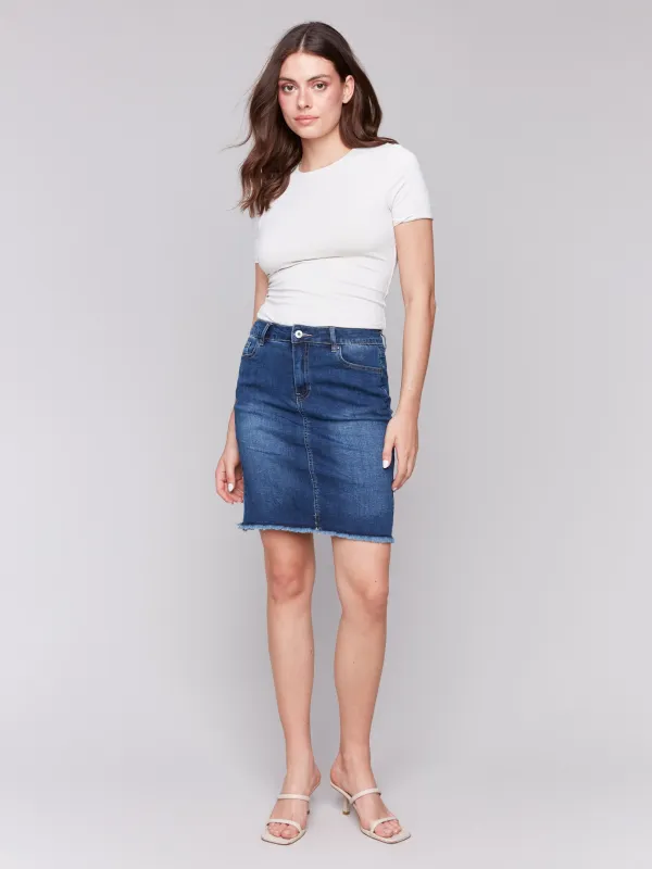 Stretch Denim Skort with Frayed Hem - Indigo sold by Charlie B
