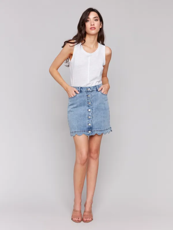 Scalloped Hem Button-Front Denim Skort - Light Blue sold by Charlie B
