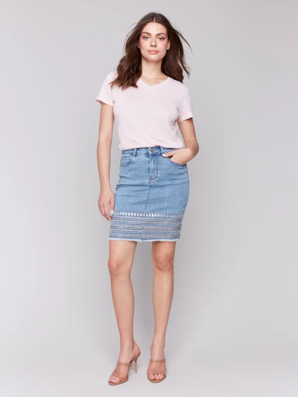 Embroidered Hem Denim Skort - Light Blue sold by Charlie B