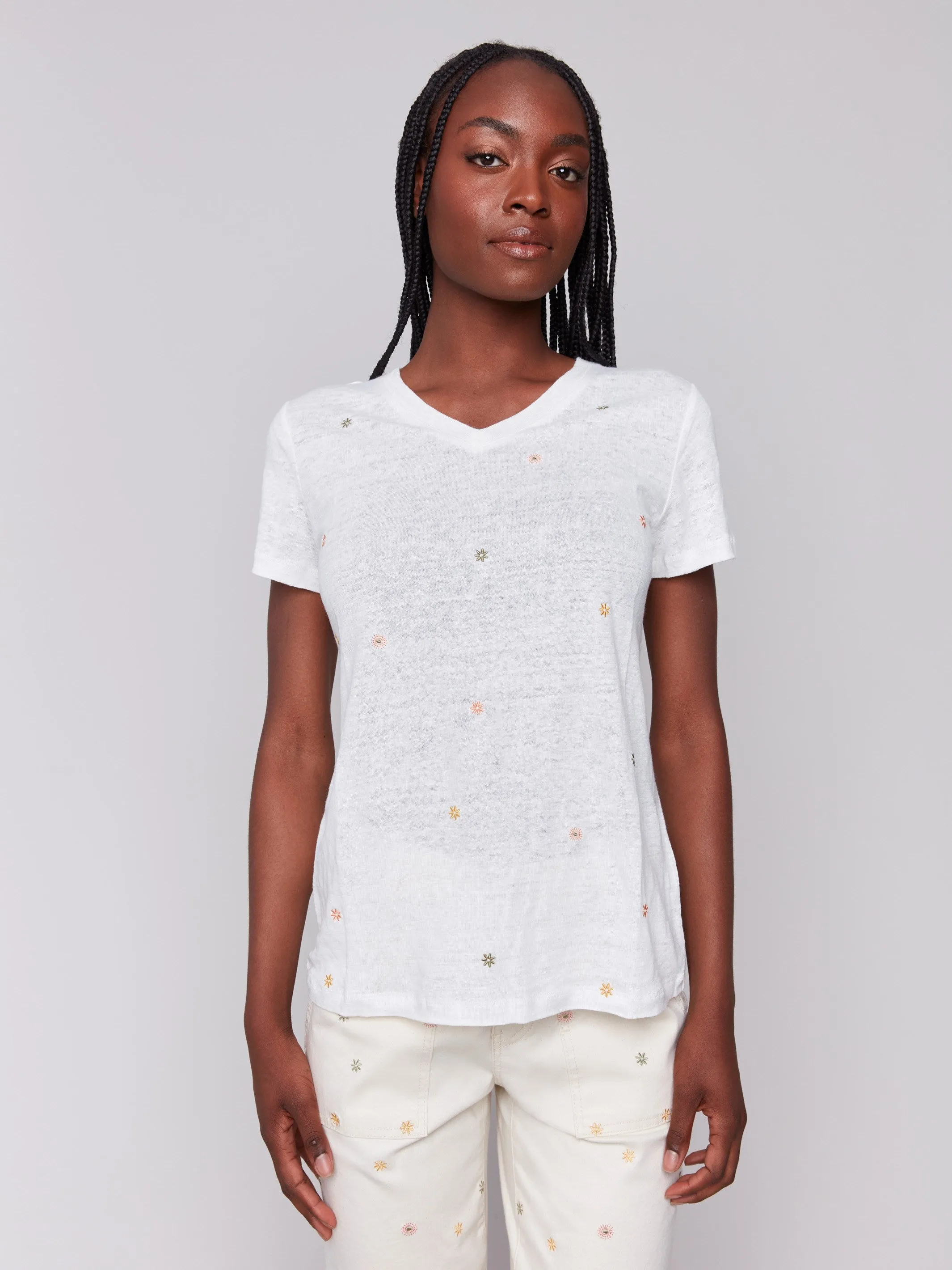 Embroidered Cotton V-Neck T-Shirt - Floral sold by Charlie B product image thumbnail 3