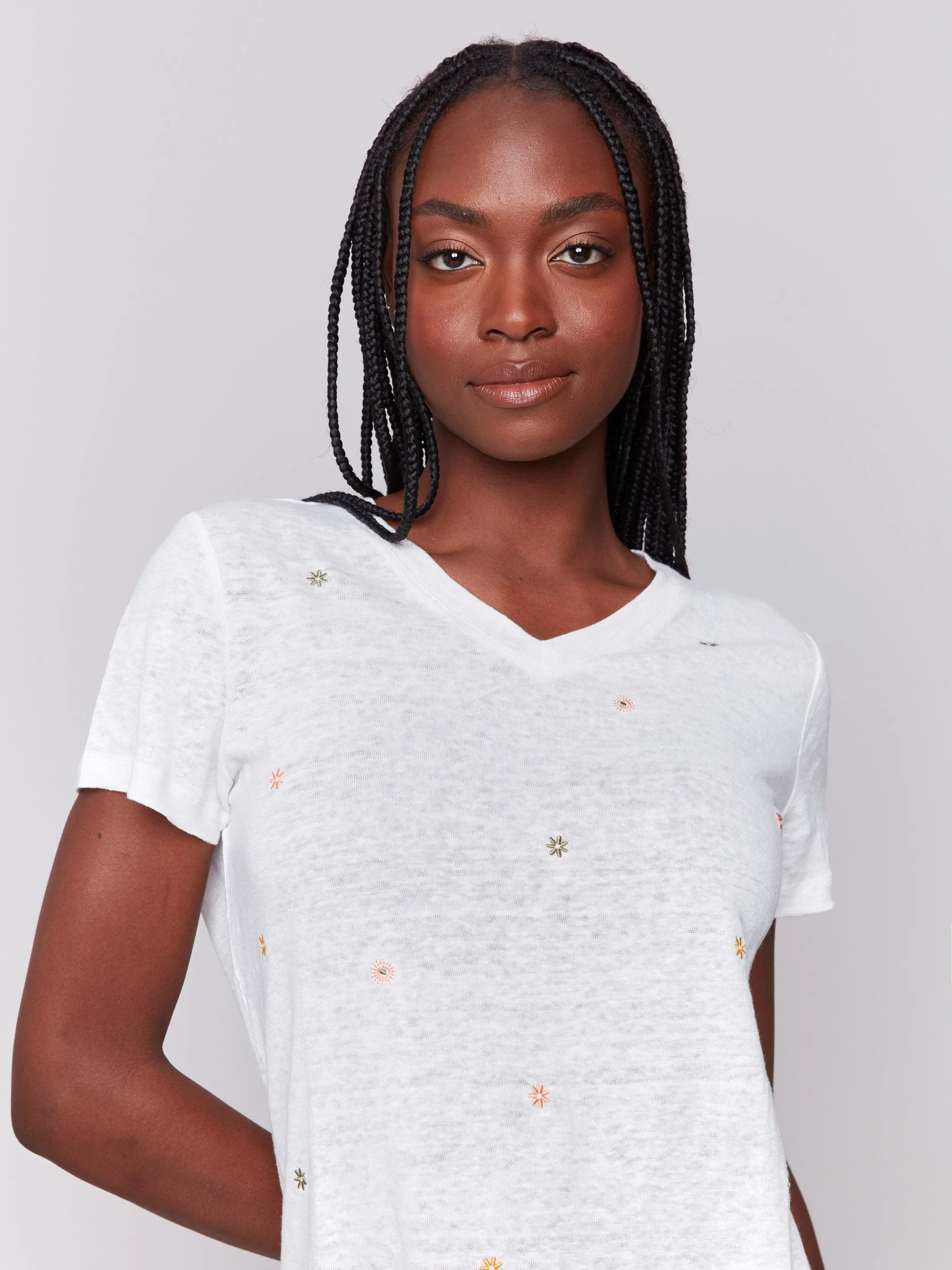Embroidered Cotton V-Neck T-Shirt - Floral sold by Charlie B product image thumbnail 4