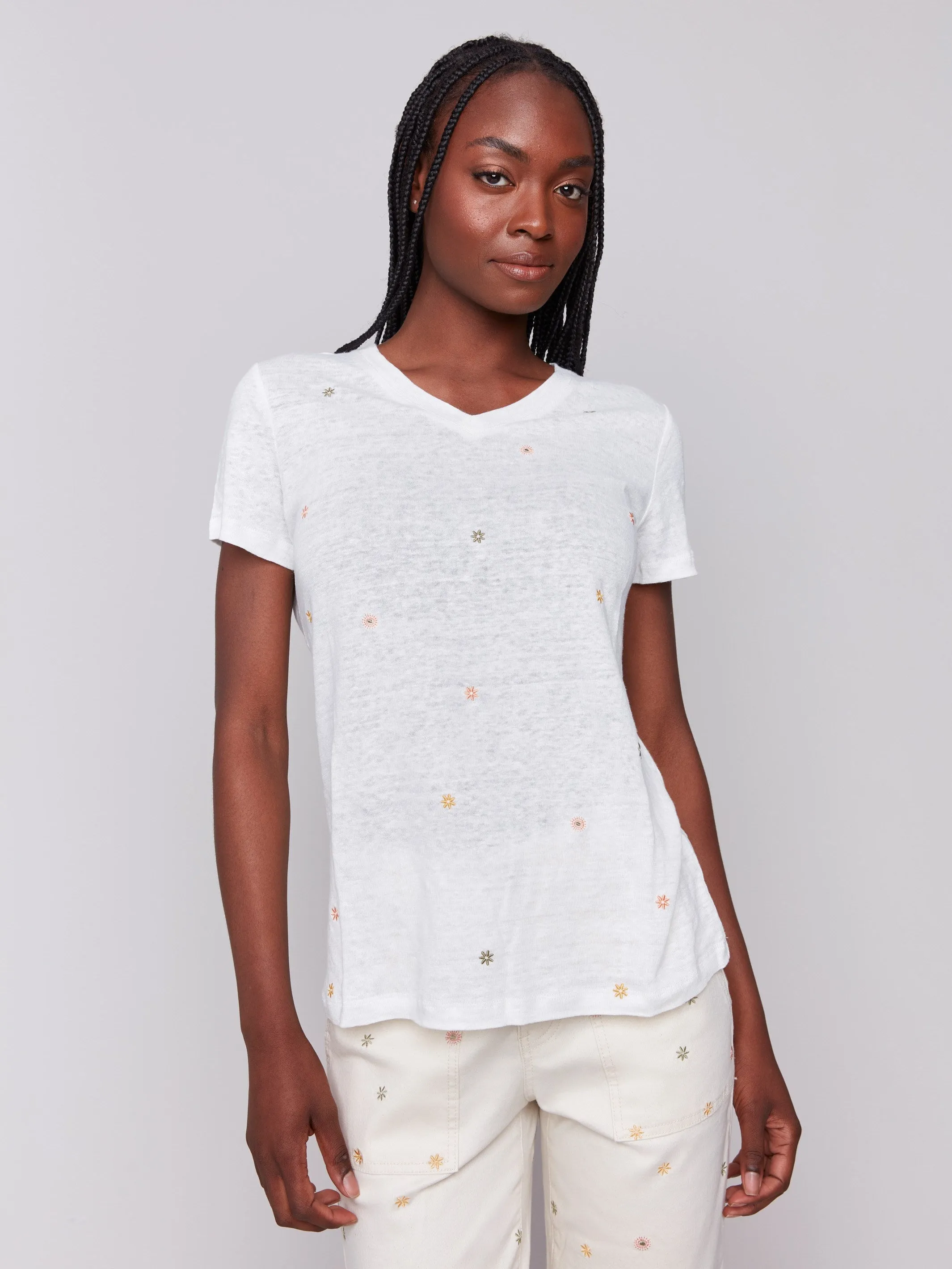 Embroidered Cotton V-Neck T-Shirt - Floral sold by Charlie B