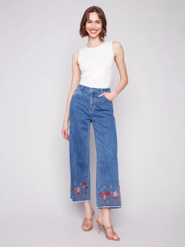 Wide Leg Jeans with Floral Embroidered Hem - Medium Blue sold by Charlie B