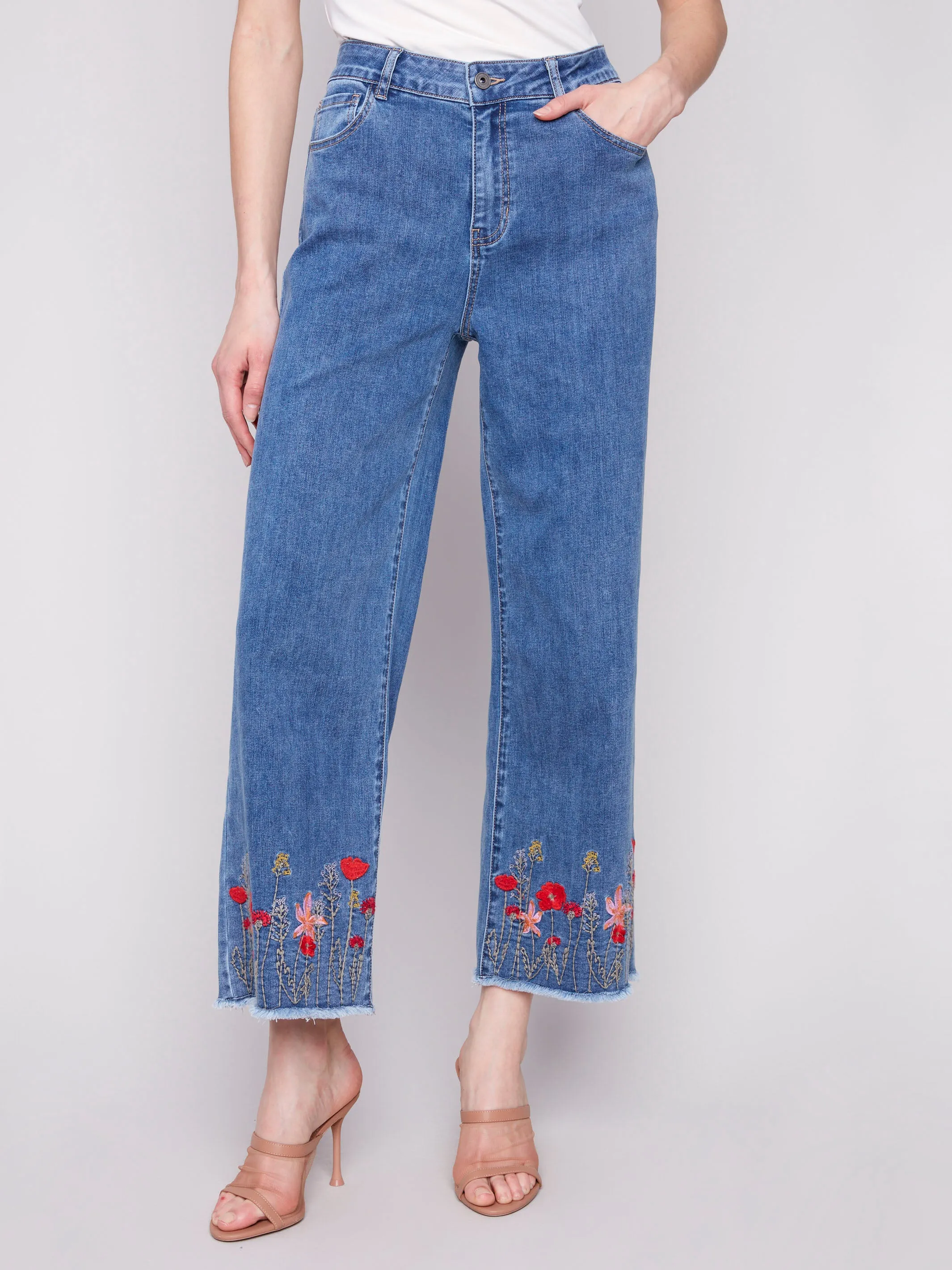 Wide Leg Jeans with Floral Embroidered Hem - Medium Blue sold by Charlie B product image thumbnail 2