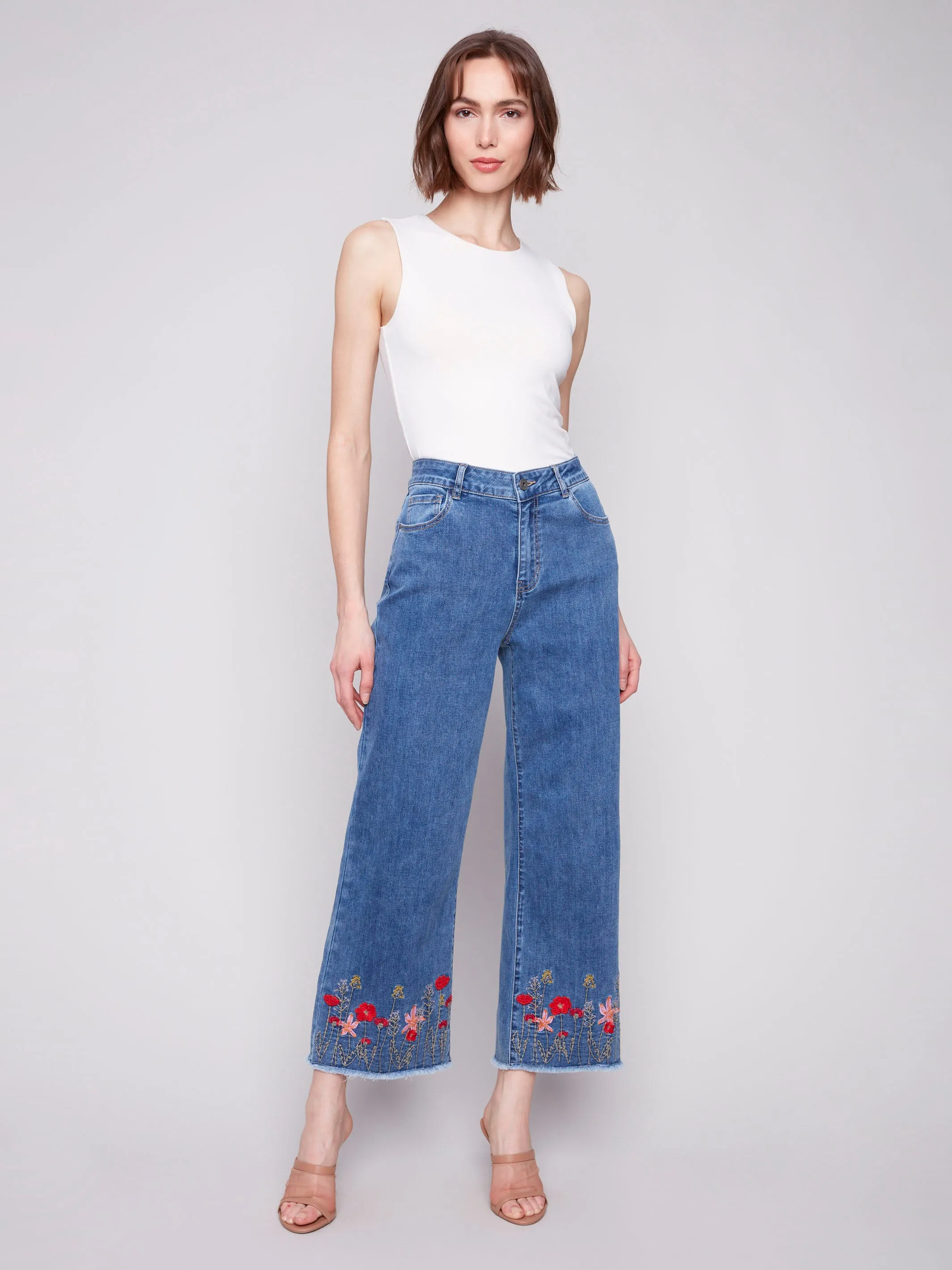 Wide Leg Jeans with Floral Embroidered Hem - Medium Blue sold by Charlie B product image thumbnail 4