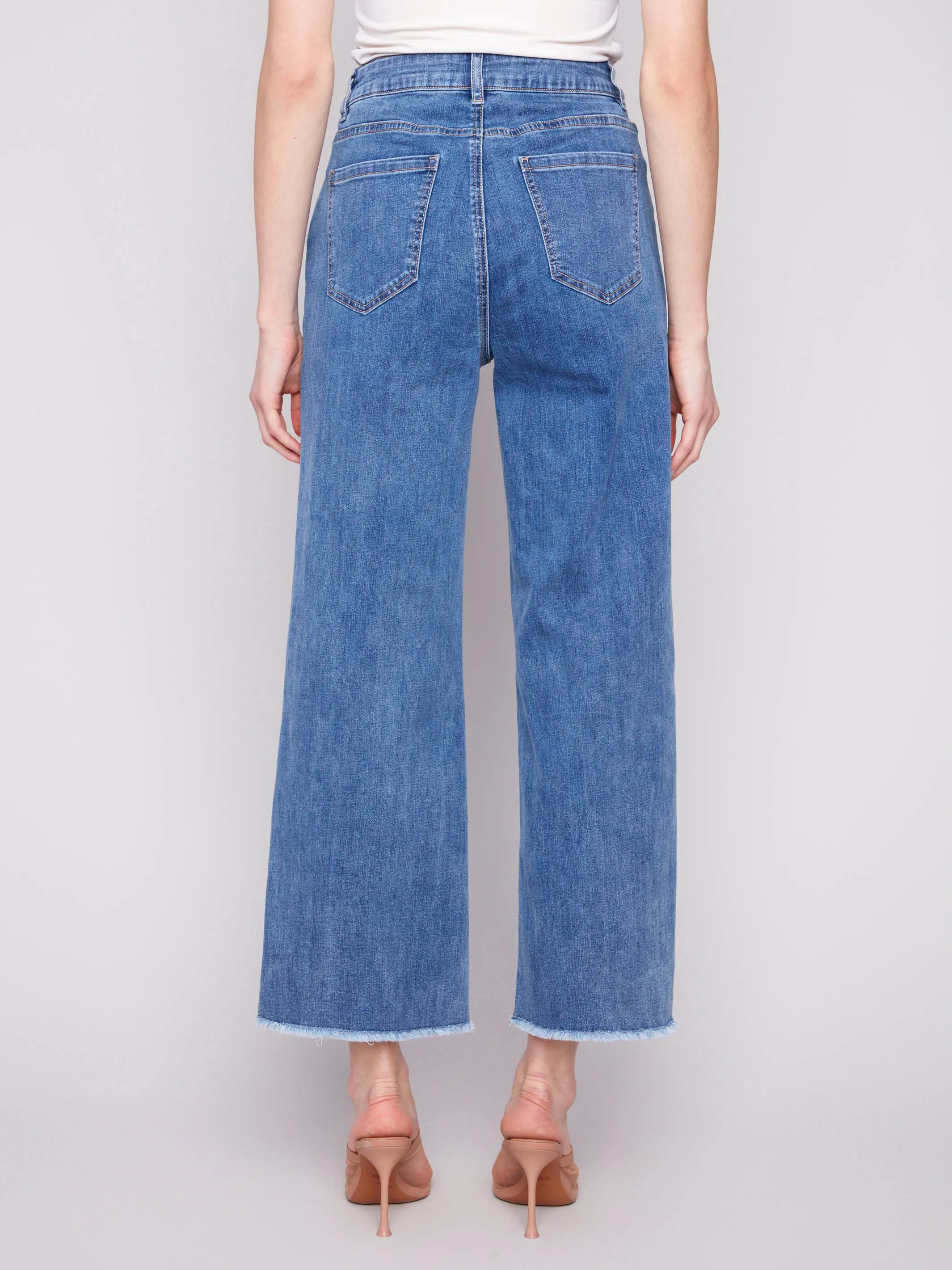 Wide Leg Jeans with Floral Embroidered Hem - Medium Blue sold by Charlie B product image thumbnail 3