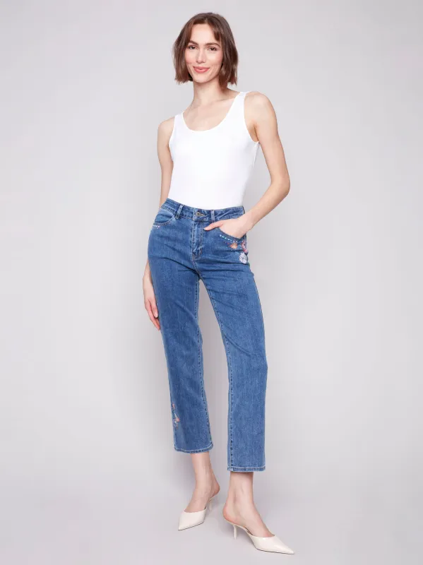 Straight Leg Embroidered Jeans - Medium Blue sold by Charlie B