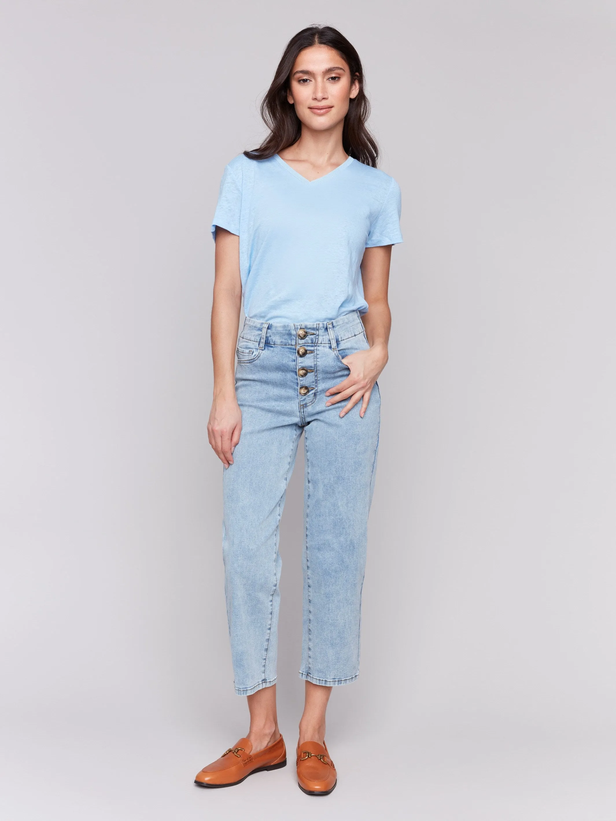 Front Button-Fly Straight Crop Jeans - Light Blue sold by Charlie B