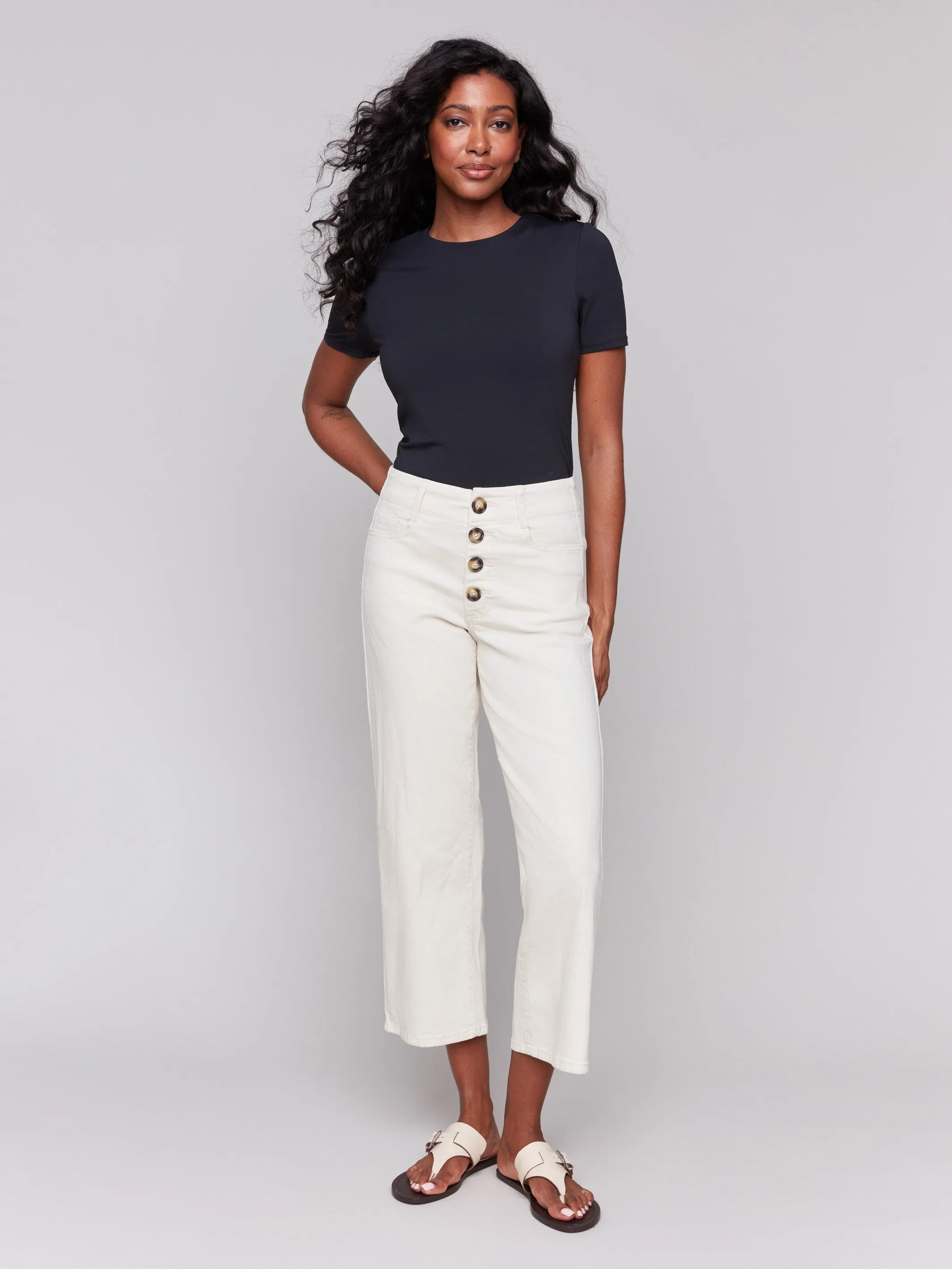 Front Button-Fly Crop Twill Pants - Natural sold by Charlie B