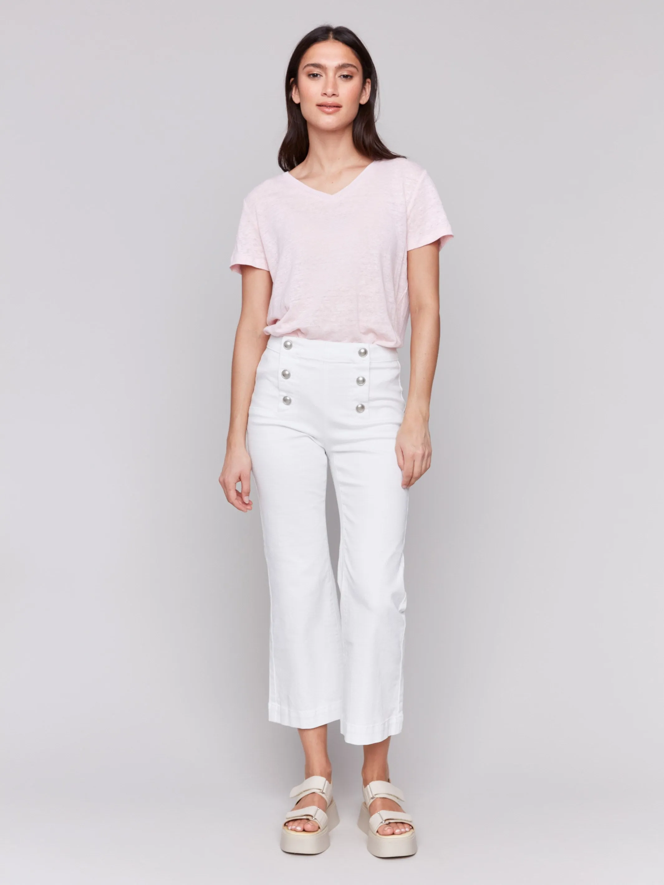 Cropped Pull-On Flare Jeans with Front Buttons - White sold by Charlie B