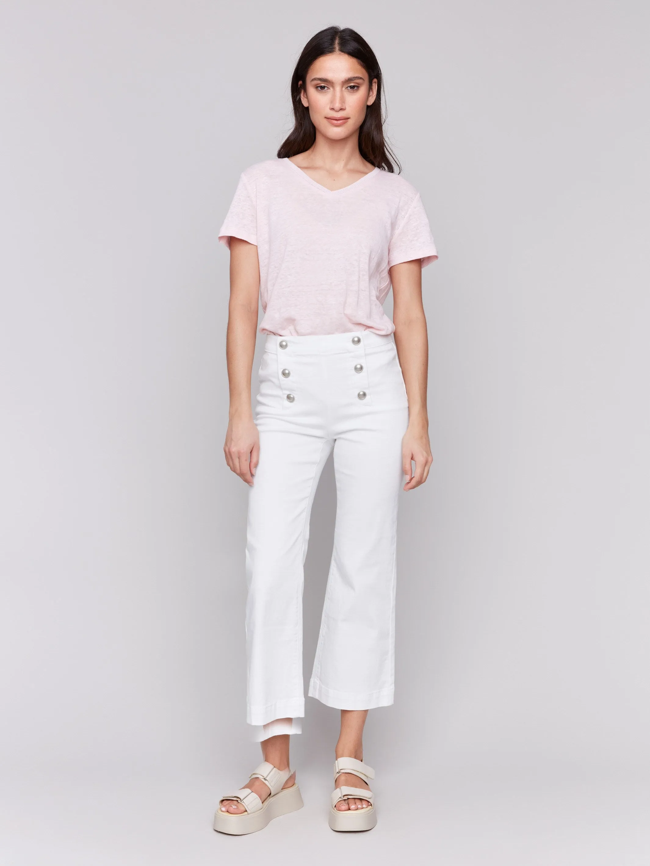 Cropped Pull-On Flare Jeans with Front Buttons - White sold by Charlie B product image thumbnail 5
