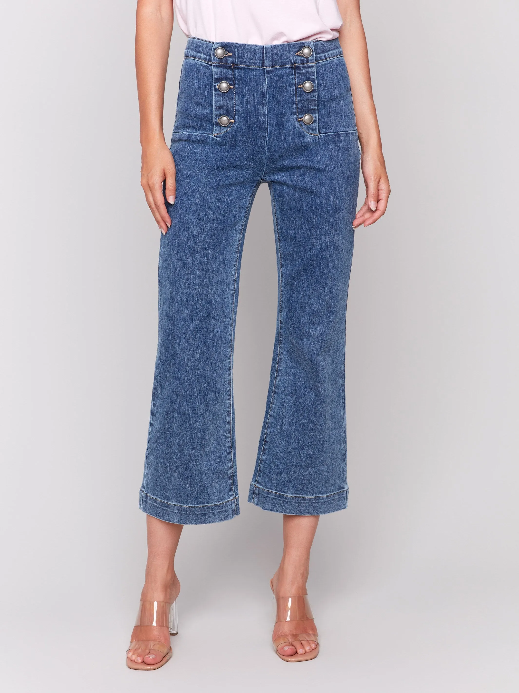 Cropped Pull-On Flare Jeans with Front Buttons - Medium Blue sold by Charlie B product image thumbnail 2