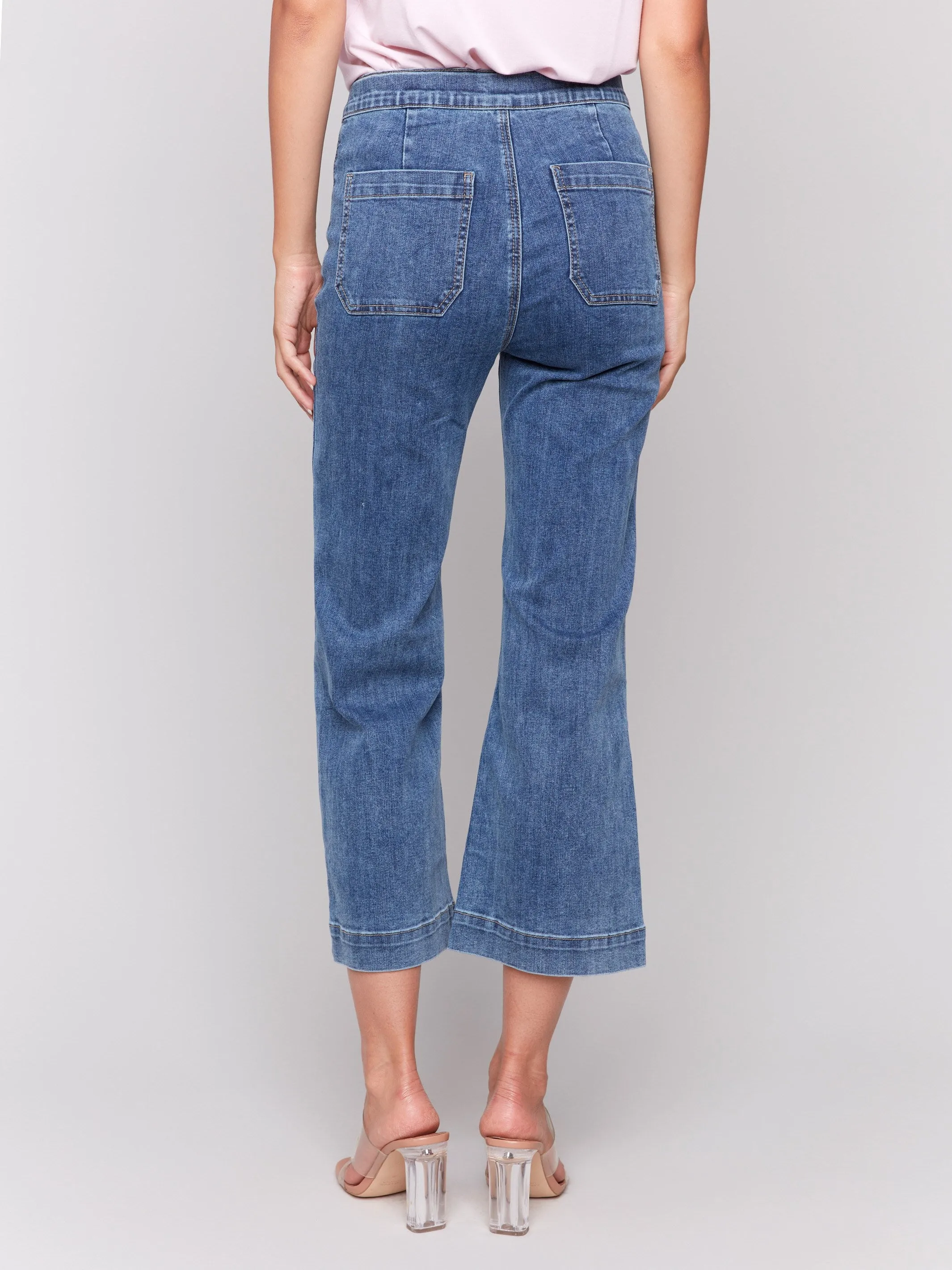 Cropped Pull-On Flare Jeans with Front Buttons - Medium Blue sold by Charlie B product image thumbnail 3