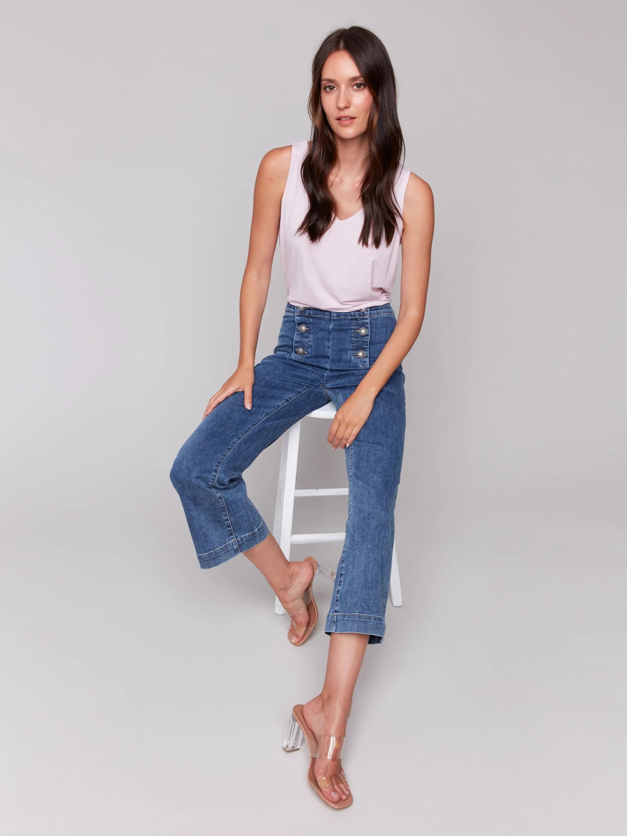 Cropped Pull-On Flare Jeans with Front Buttons - Medium Blue sold by Charlie B product image thumbnail 4