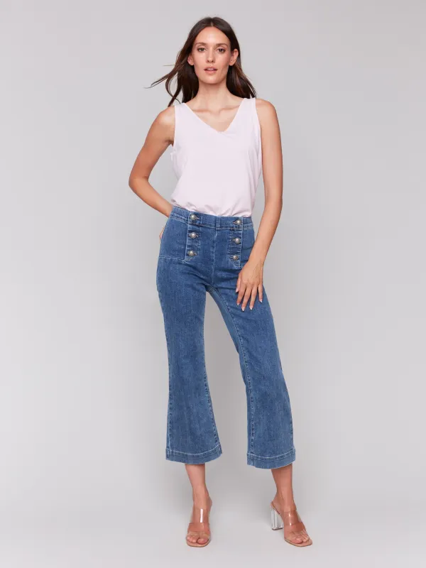 Cropped Pull-On Flare Jeans with Front Buttons - Medium Blue sold by Charlie B