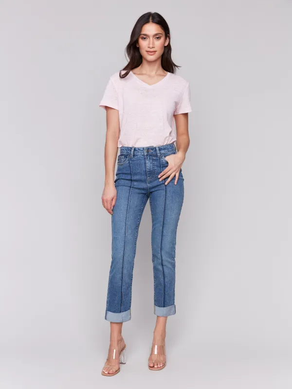 Cropped Pin Tuck Jeans - Medium Blue made by Charlie B