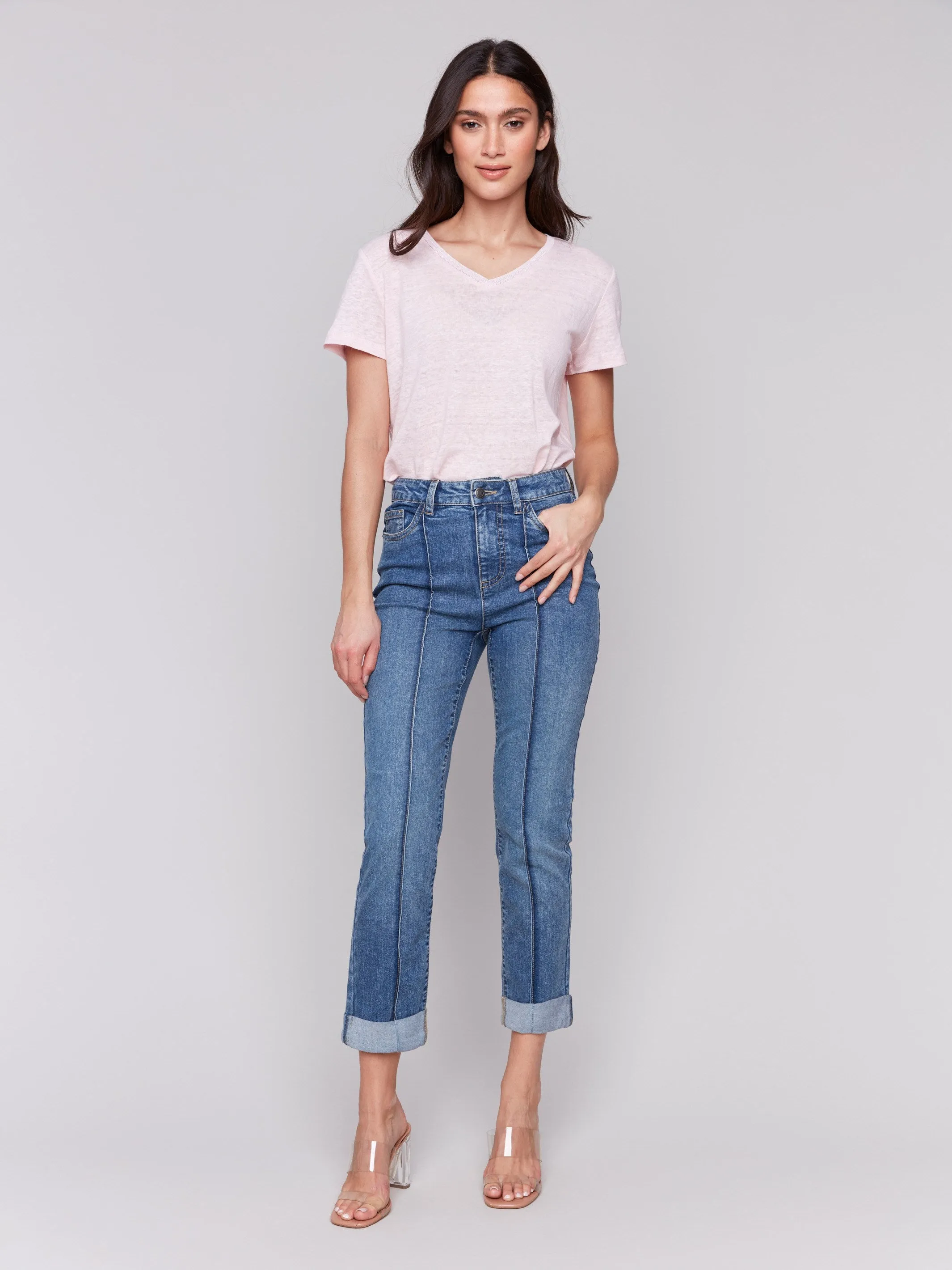 Cropped Pin Tuck Jeans - Medium Blue sold by Charlie B