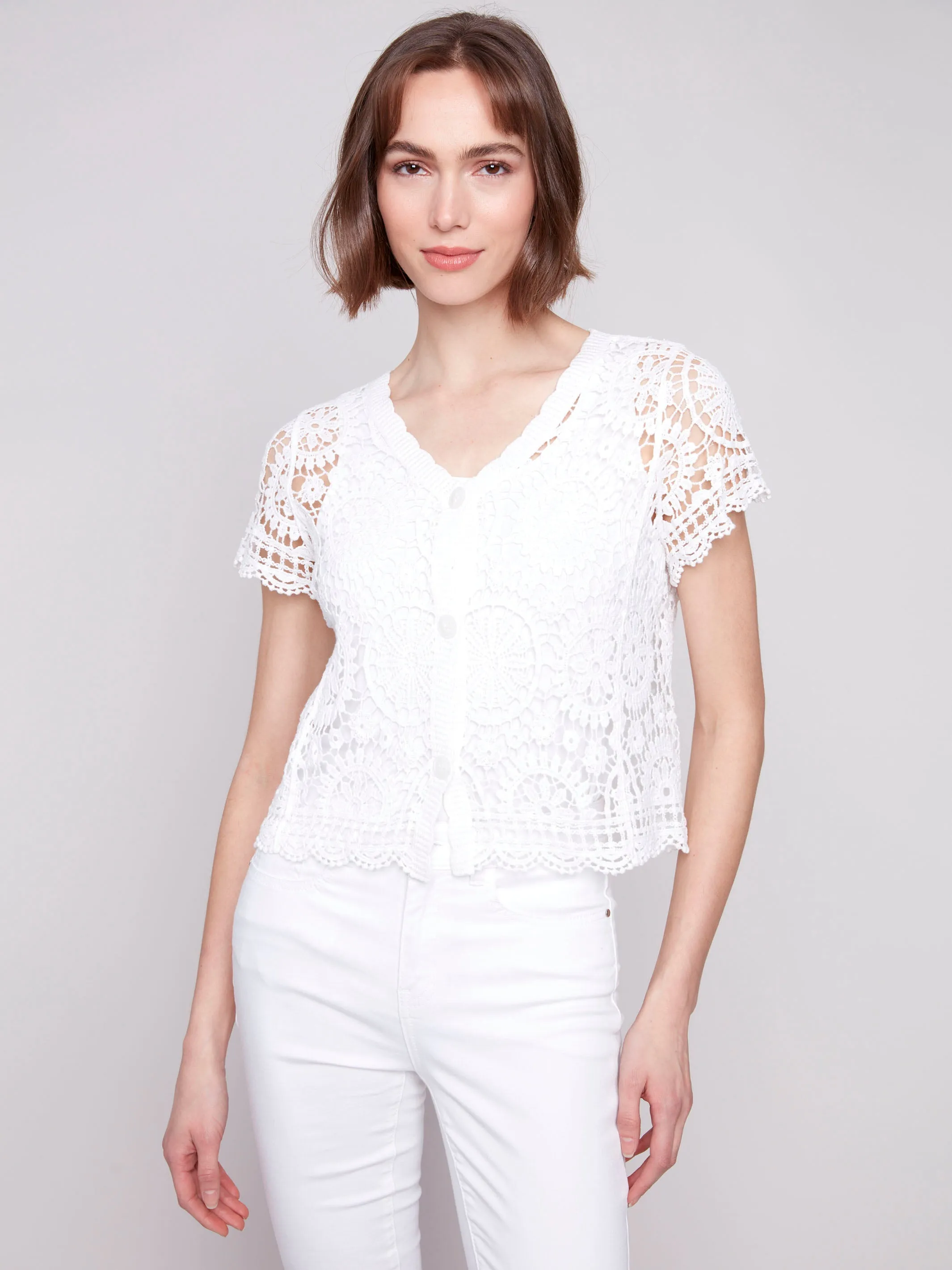 Short Sleeve Crochet Bolero Cardigan - White sold by Charlie B