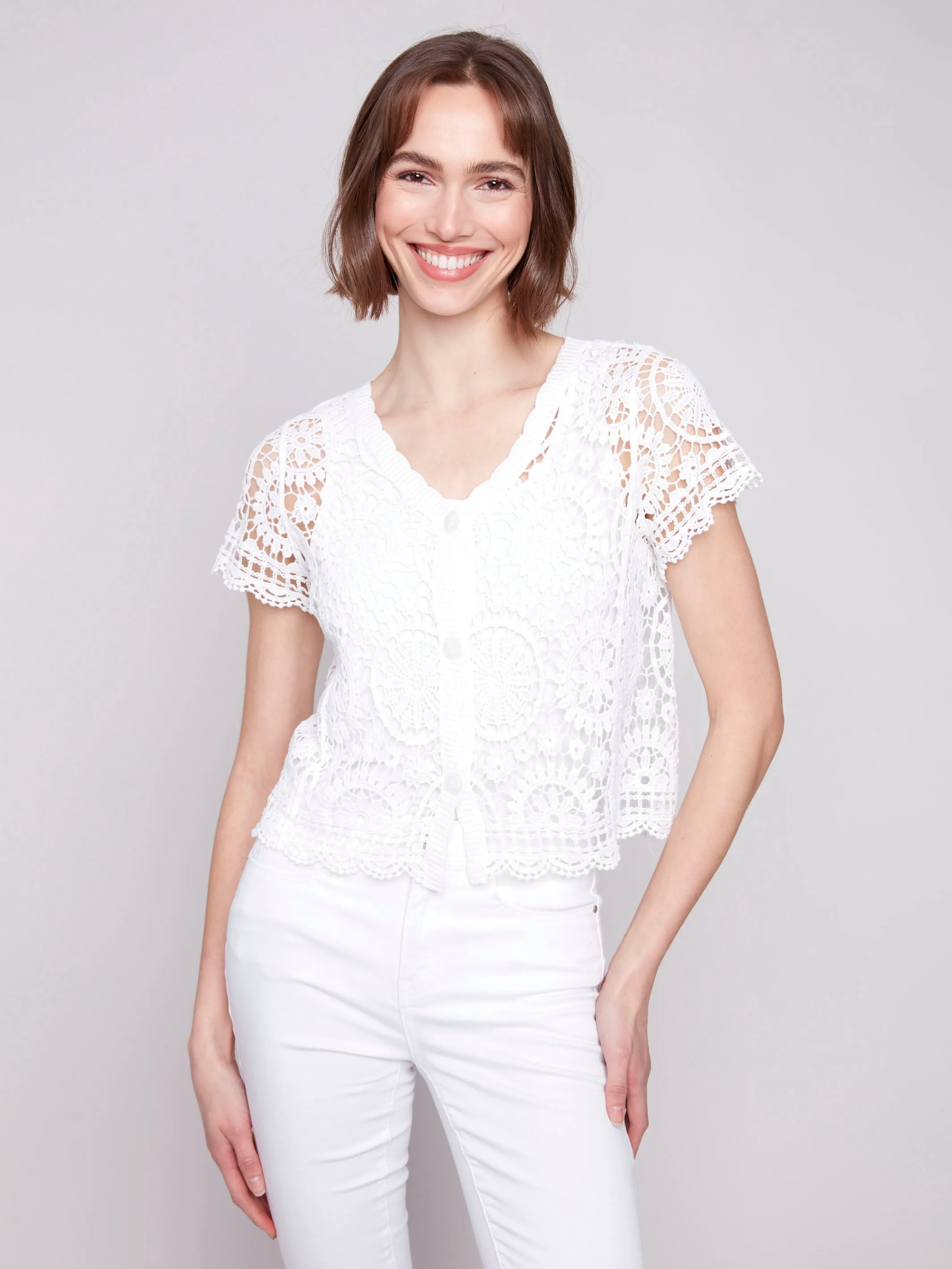 Short Sleeve Crochet Bolero Cardigan - White sold by Charlie B product image thumbnail 4