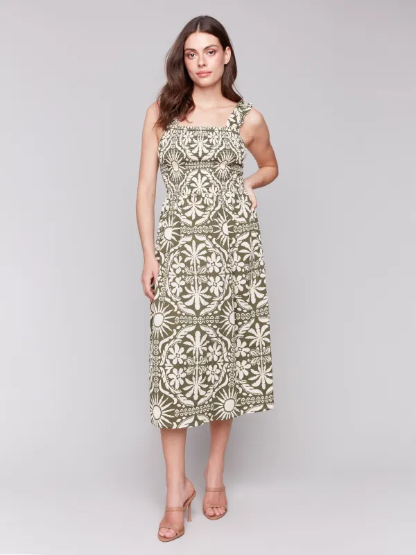 Printed Sleeveless Midi Dress with Shirring Detail - Celadon sold by Charlie B