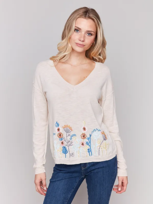 Embroidered Cotton V-Neck Sweater - Flowers sold by Charlie B