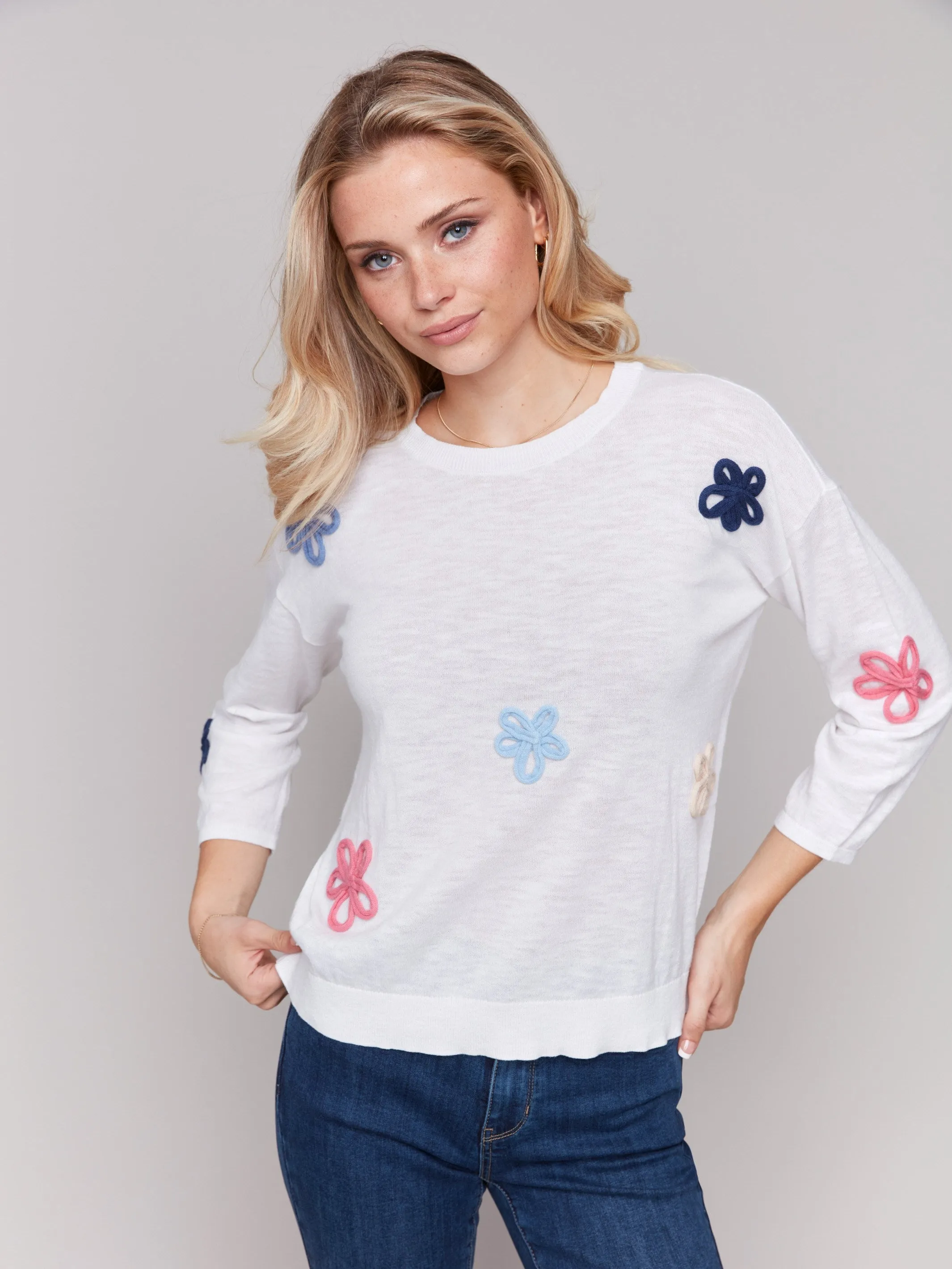 Cotton Sweater with Flower Patches - White sold by Charlie B product image thumbnail 5