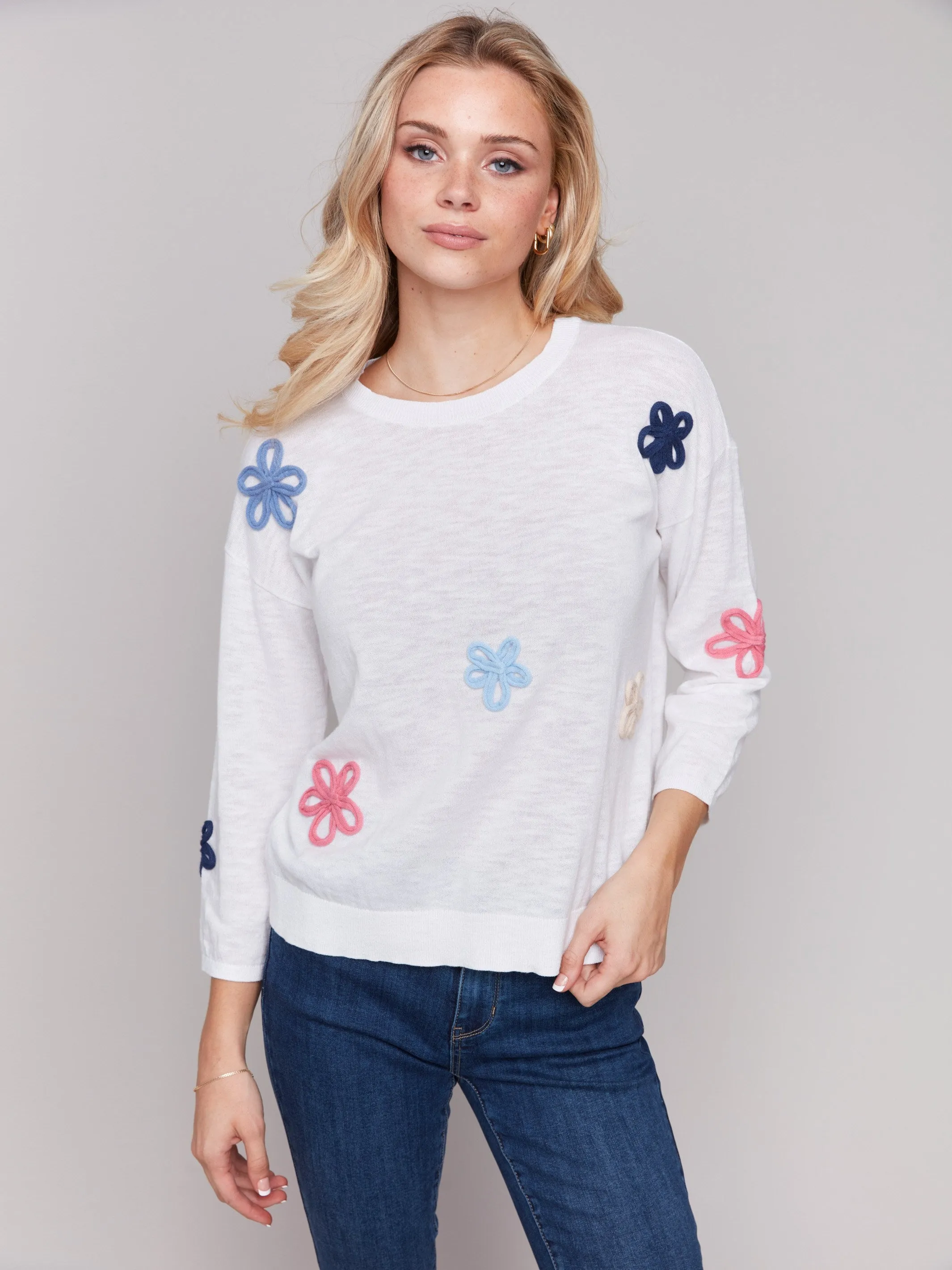 Cotton Sweater with Flower Patches - White sold by Charlie B