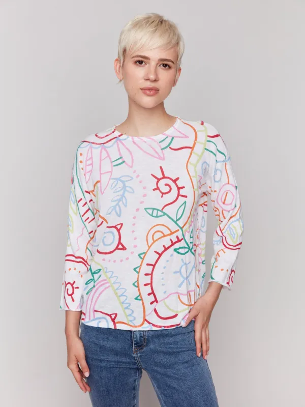 Printed Cotton Crew Neck Sweater - Multicolor sold by Charlie B