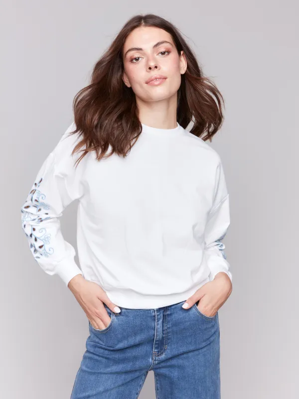 French Terry Sweatshirt with Embroidered Sleeves - White sold by Charlie B