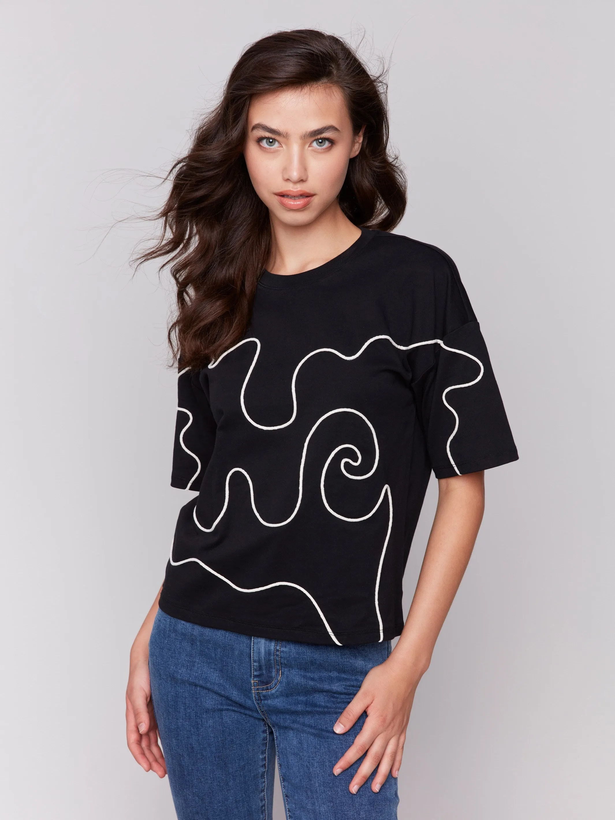 Relaxed Fit T-Shirt with Soutache Detail - Black sold by Charlie B