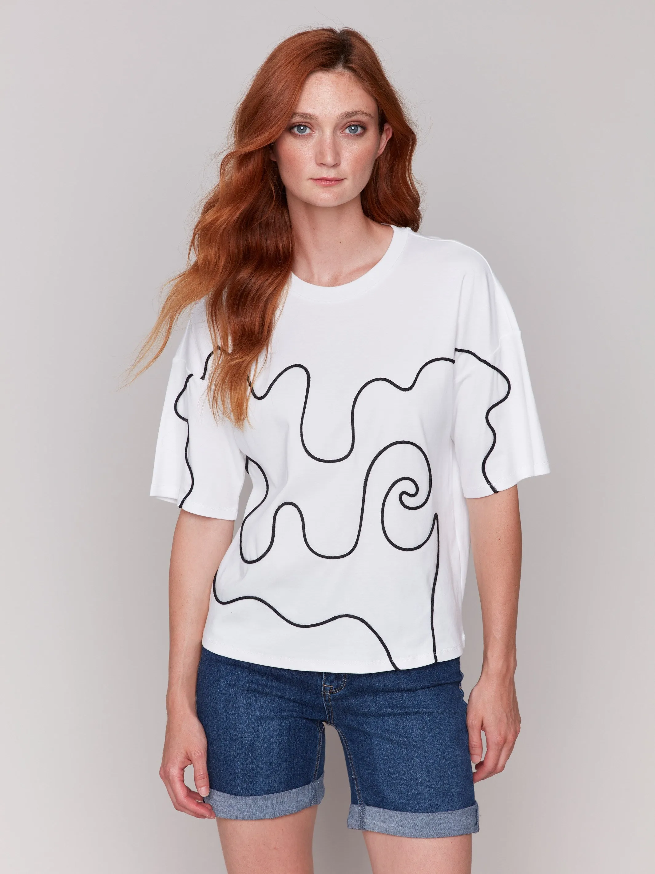 Relaxed Fit T-Shirt with Soutache Detail - White sold by Charlie B