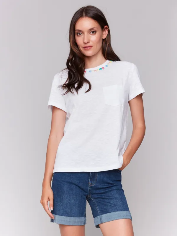 Embroidered Neckline Cotton T-Shirt - White made by Charlie B