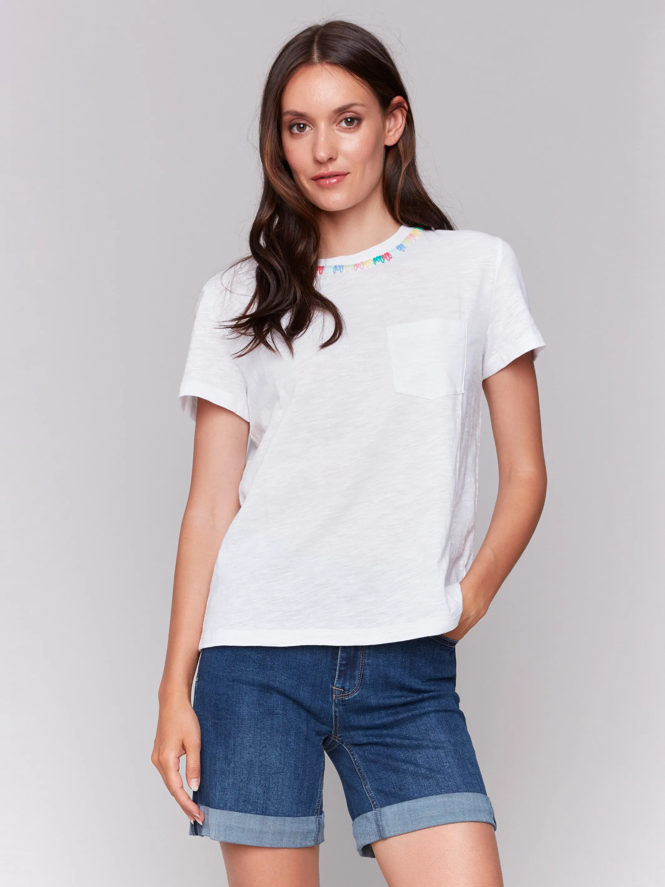 Embroidered Neckline Cotton T-Shirt - White sold by Charlie B