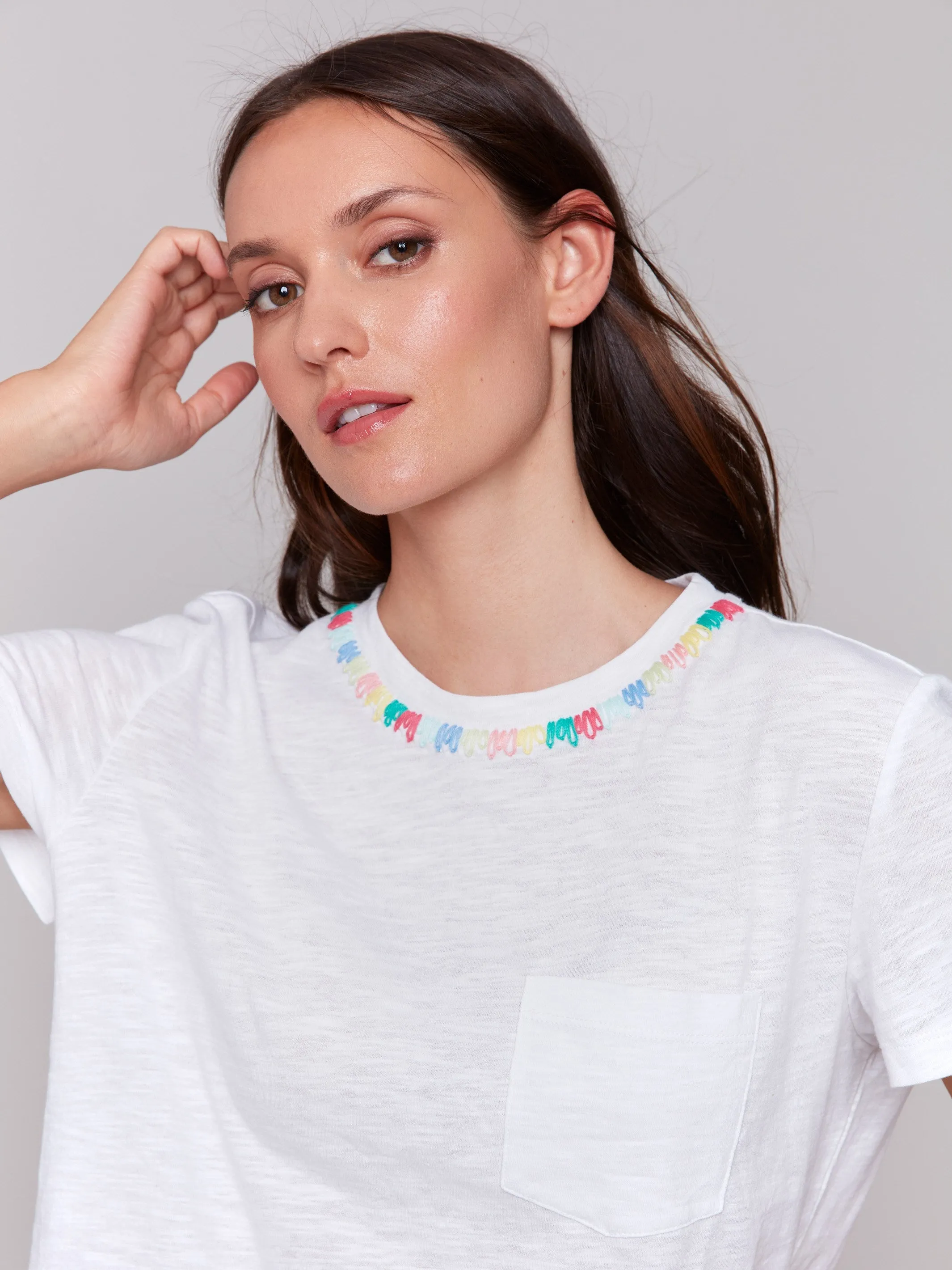 Embroidered Neckline Cotton T-Shirt - White sold by Charlie B product image thumbnail 2