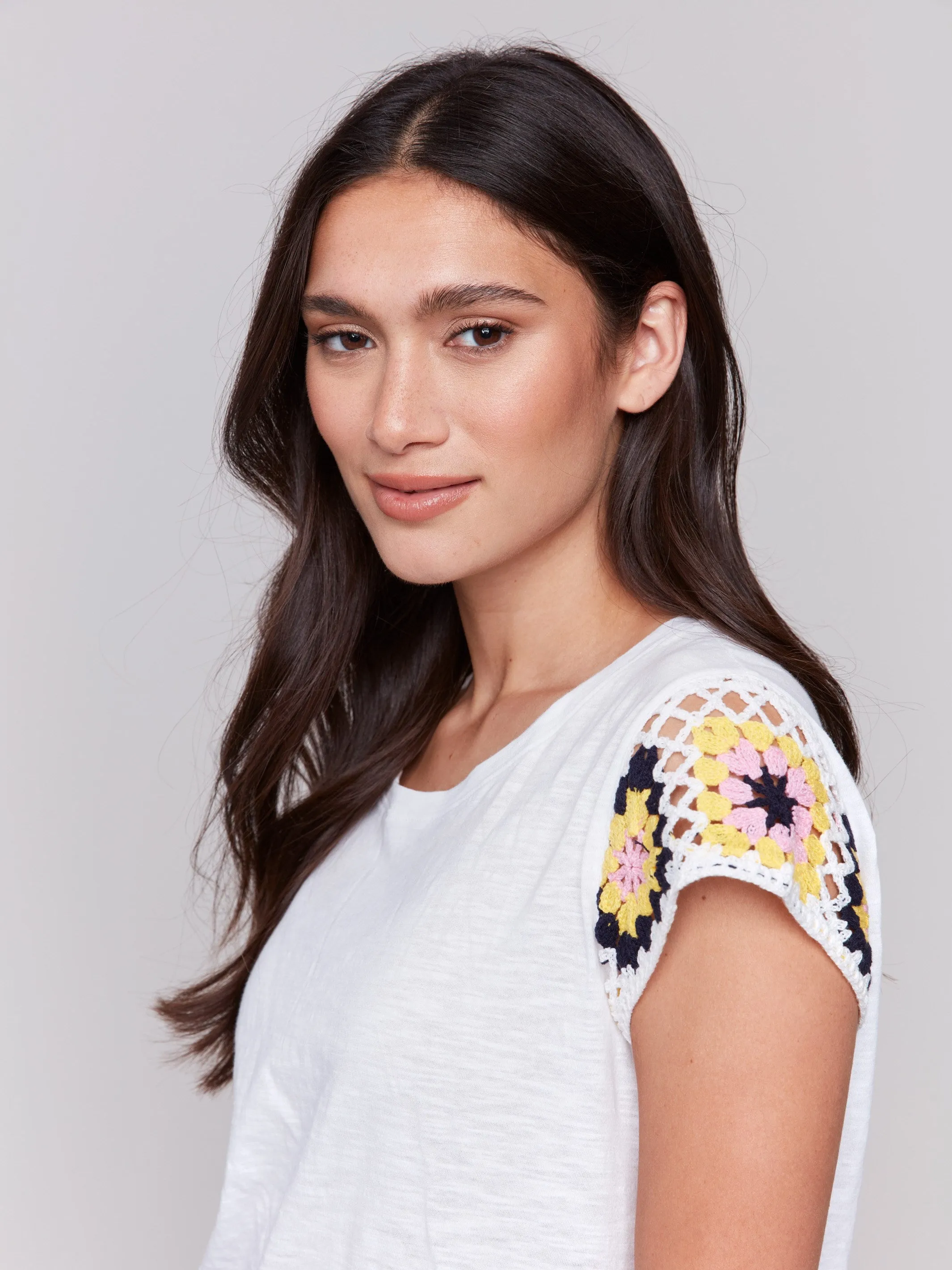 Crochet Cap Sleeve Cotton T-Shirt - White sold by Charlie B product image thumbnail 2