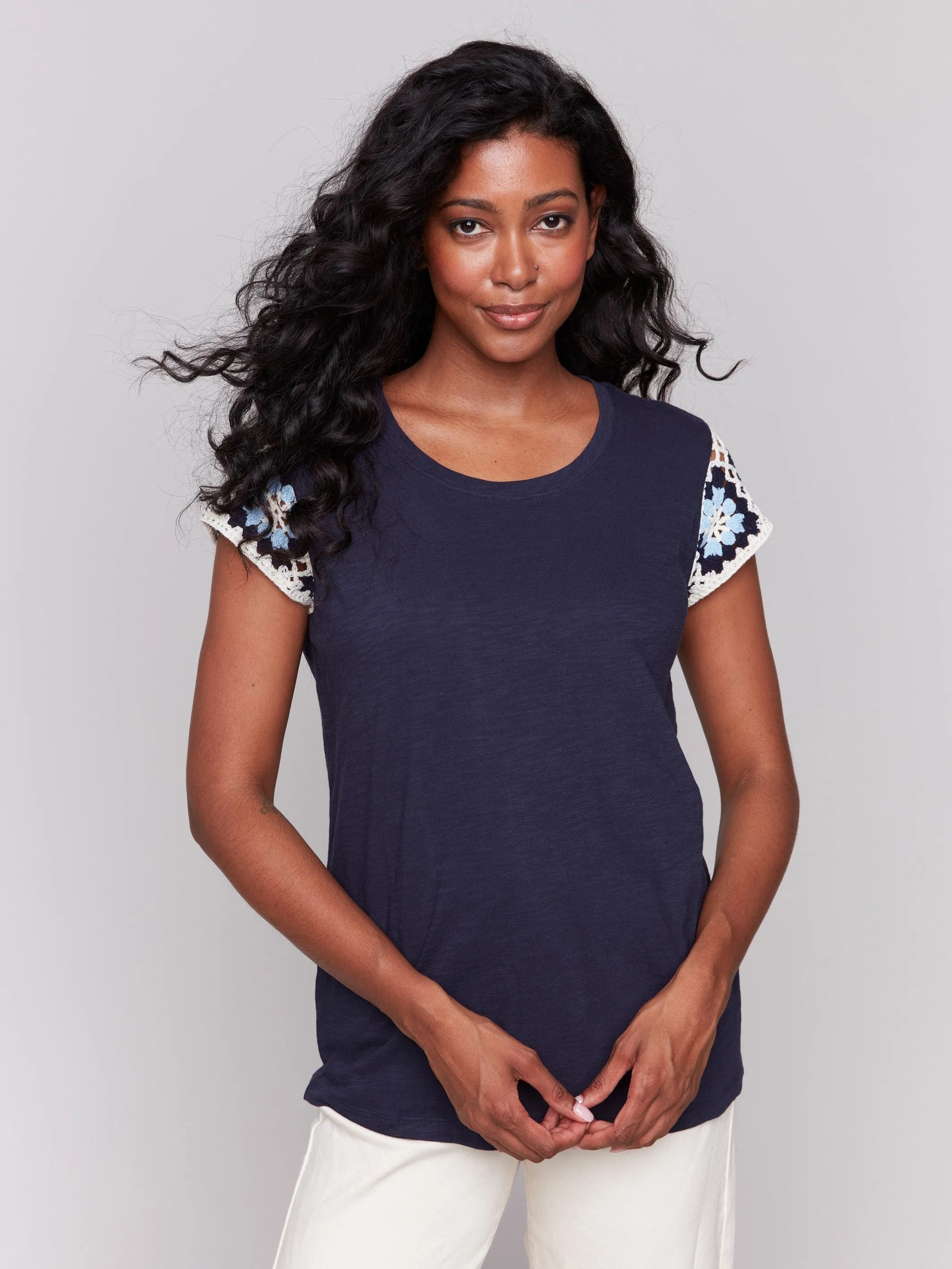 Crochet Cap Sleeve Cotton T-Shirt - Navy sold by Charlie B