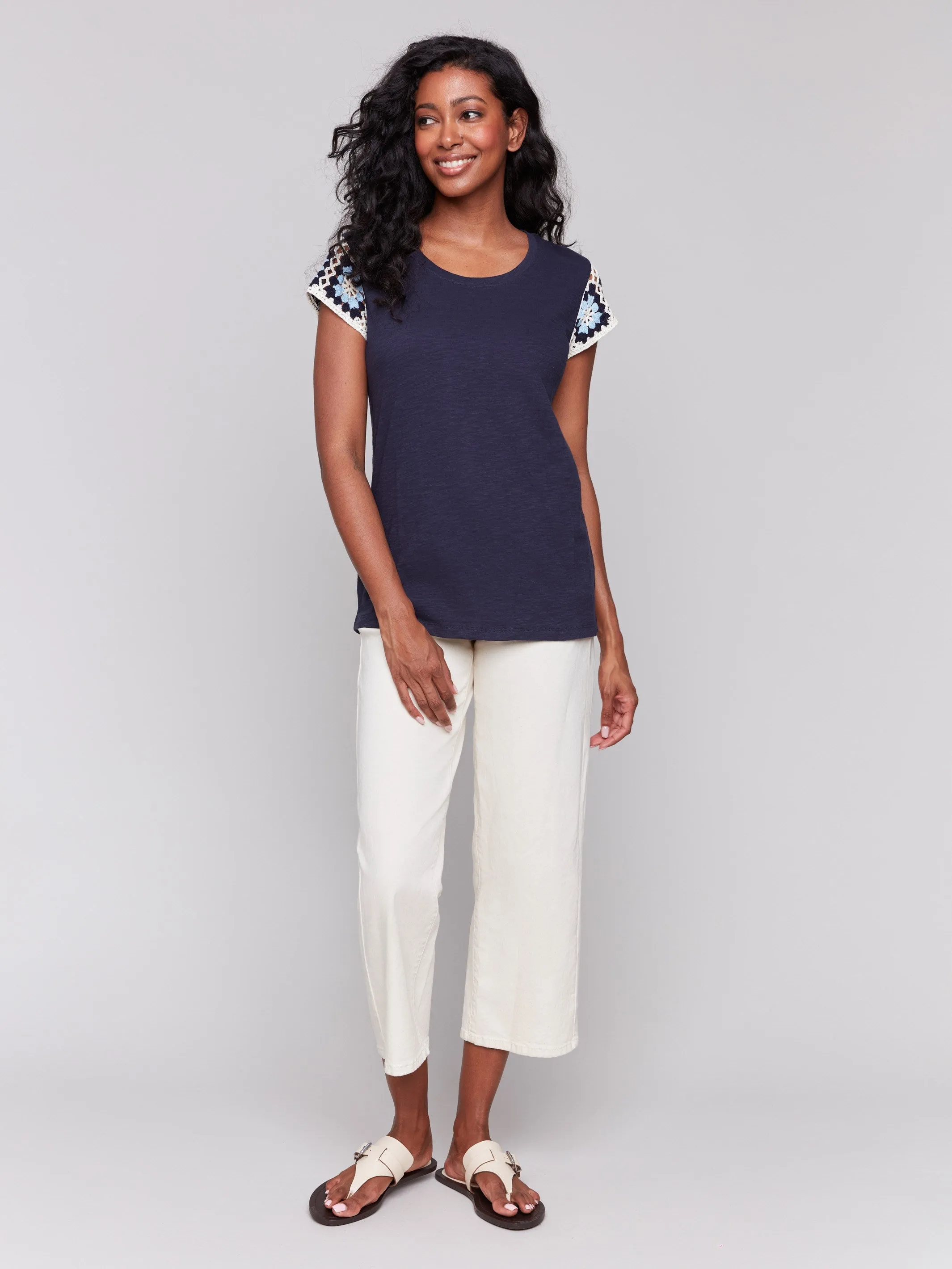 Crochet Cap Sleeve Cotton T-Shirt - Navy sold by Charlie B product image thumbnail 2