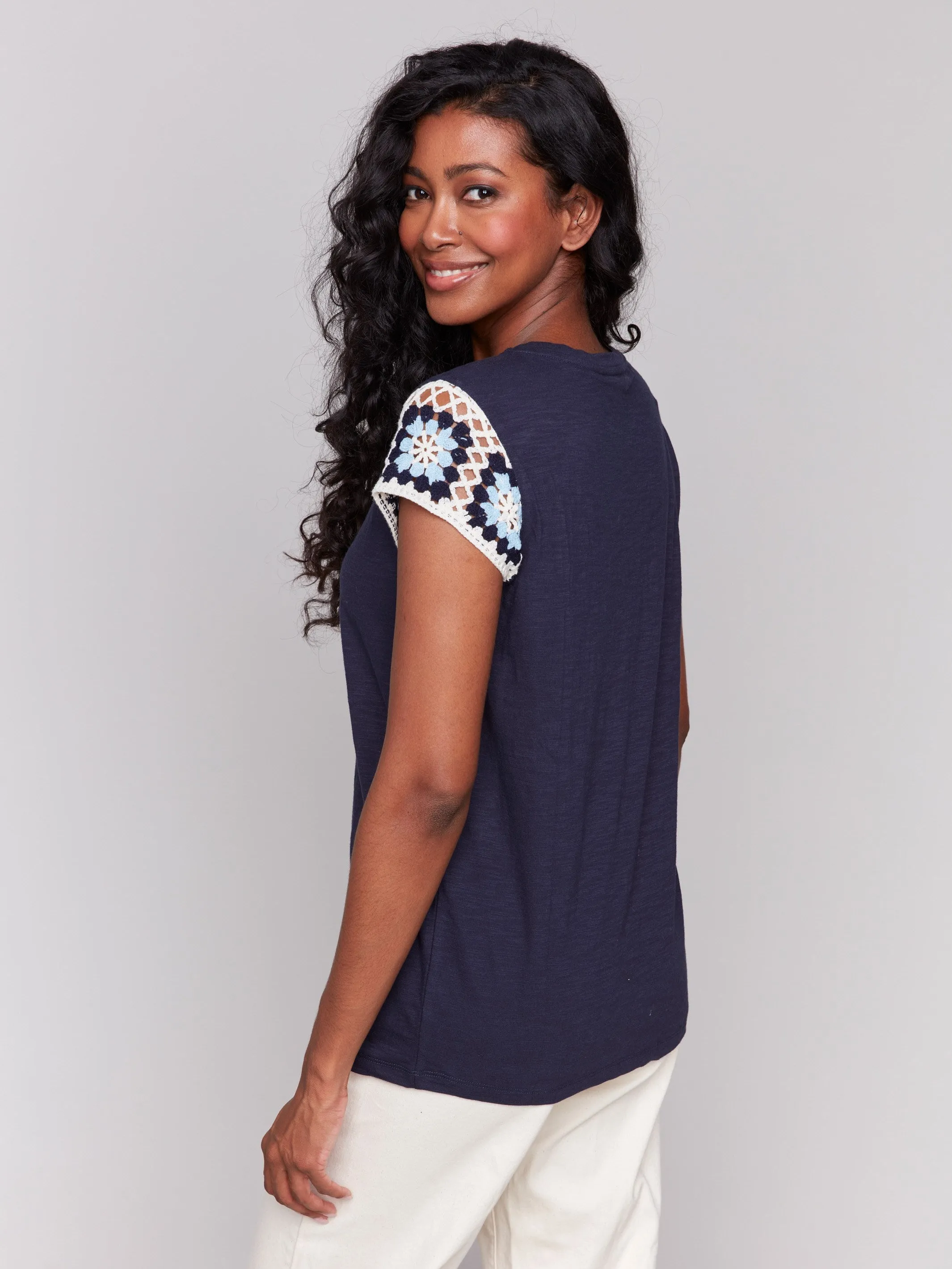 Crochet Cap Sleeve Cotton T-Shirt - Navy sold by Charlie B product image thumbnail 3