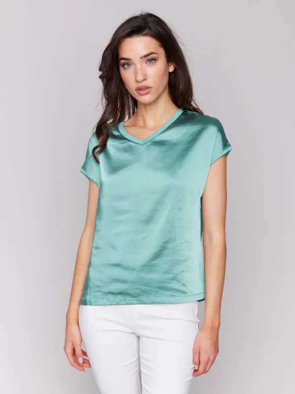 Satin V-Neck Knit Top - Lilypad sold by Charlie B