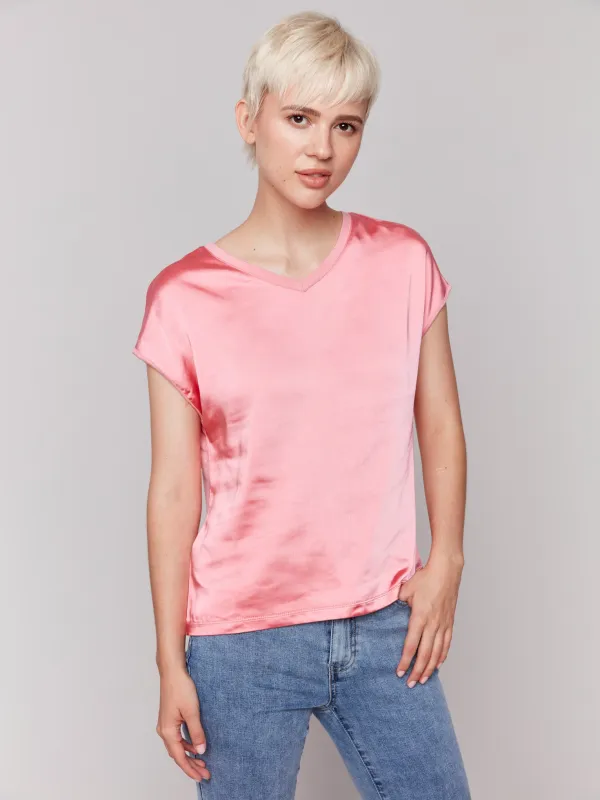 Satin V-Neck Knit Top - Watermelon sold by Charlie B